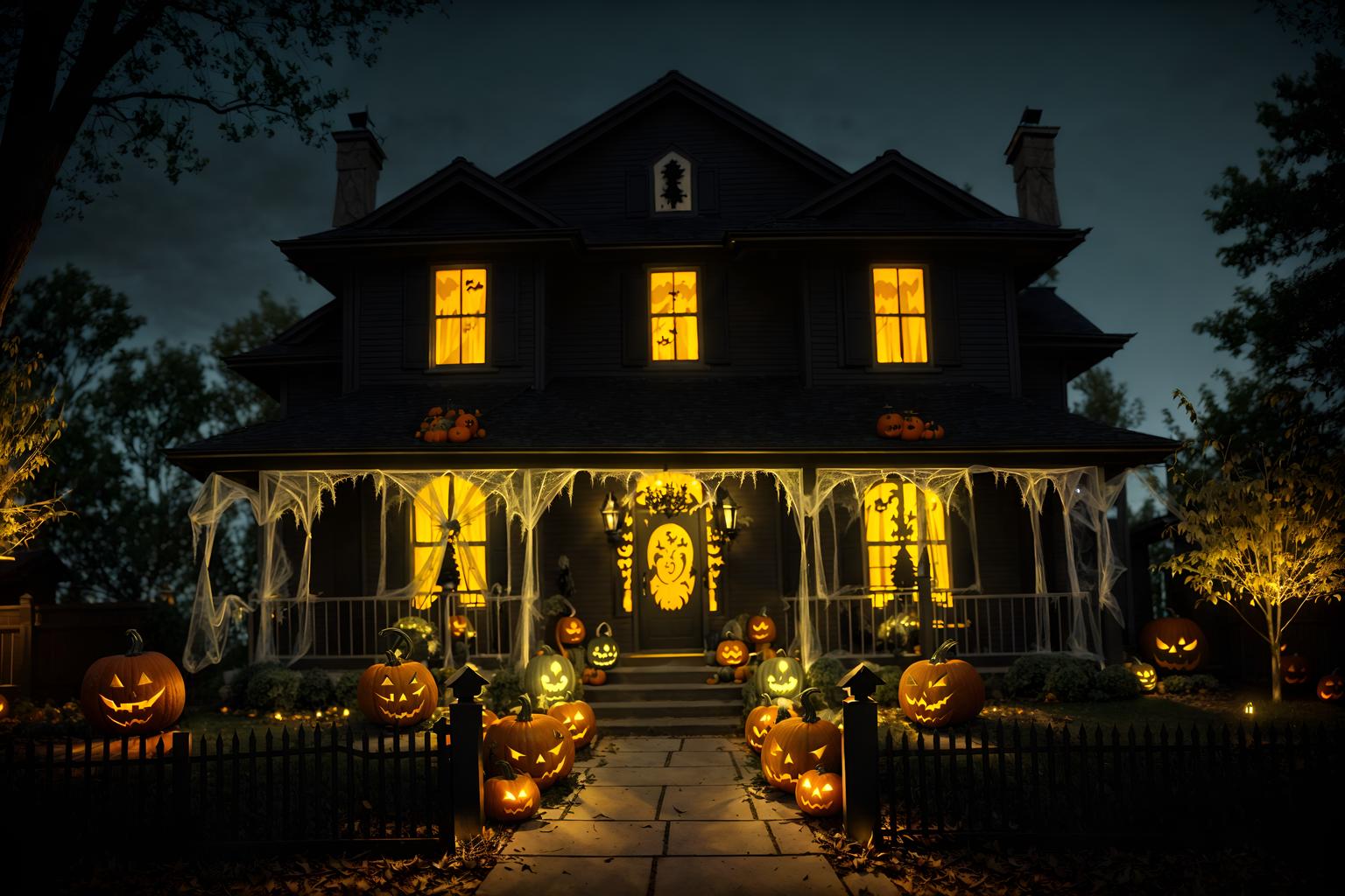 halloween-style exterior designed (house exterior exterior) . with cobwebs and spiderwebs and yellow black balloons and cobwebs and lanterns and lanterns and glowing pumpkins and human skulls. . cinematic photo, highly detailed, cinematic lighting, ultra-detailed, ultrarealistic, photorealism, 8k. halloween exterior design style. masterpiece, cinematic light, ultrarealistic+, photorealistic+, 8k, raw photo, realistic, sharp focus on eyes, (symmetrical eyes), (intact eyes), hyperrealistic, highest quality, best quality, , highly detailed, masterpiece, best quality, extremely detailed 8k wallpaper, masterpiece, best quality, ultra-detailed, best shadow, detailed background, detailed face, detailed eyes, high contrast, best illumination, detailed face, dulux, caustic, dynamic angle, detailed glow. dramatic lighting. highly detailed, insanely detailed hair, symmetrical, intricate details, professionally retouched, 8k high definition. strong bokeh. award winning photo.