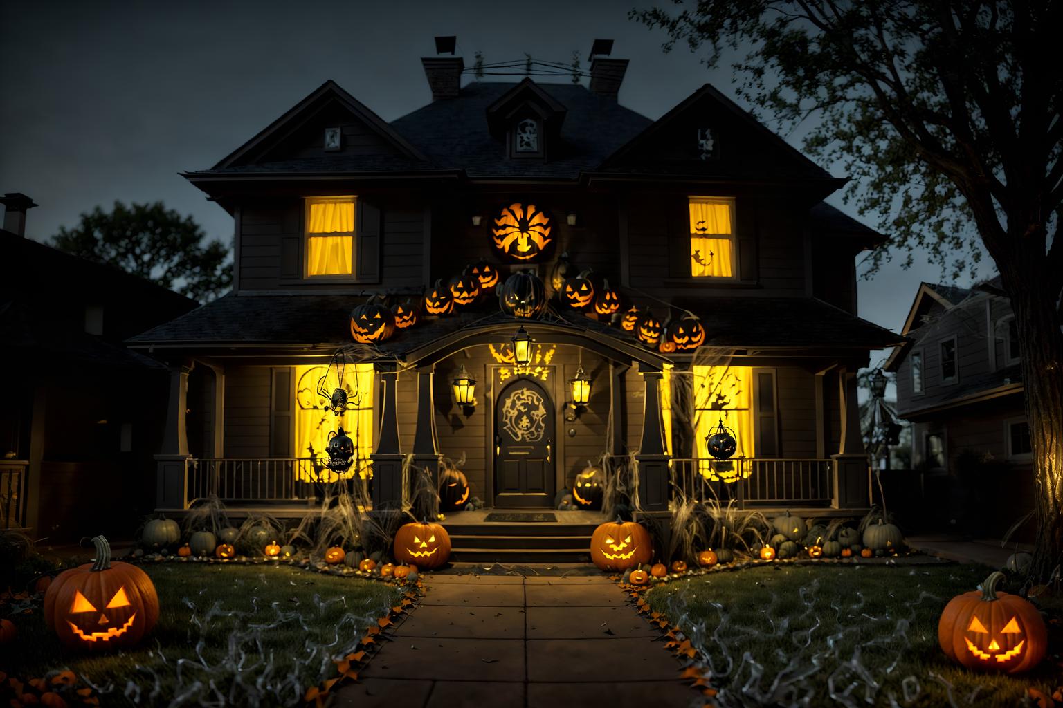 halloween-style exterior designed (house exterior exterior) . with cobwebs and spiderwebs and yellow black balloons and cobwebs and lanterns and lanterns and glowing pumpkins and human skulls. . cinematic photo, highly detailed, cinematic lighting, ultra-detailed, ultrarealistic, photorealism, 8k. halloween exterior design style. masterpiece, cinematic light, ultrarealistic+, photorealistic+, 8k, raw photo, realistic, sharp focus on eyes, (symmetrical eyes), (intact eyes), hyperrealistic, highest quality, best quality, , highly detailed, masterpiece, best quality, extremely detailed 8k wallpaper, masterpiece, best quality, ultra-detailed, best shadow, detailed background, detailed face, detailed eyes, high contrast, best illumination, detailed face, dulux, caustic, dynamic angle, detailed glow. dramatic lighting. highly detailed, insanely detailed hair, symmetrical, intricate details, professionally retouched, 8k high definition. strong bokeh. award winning photo.