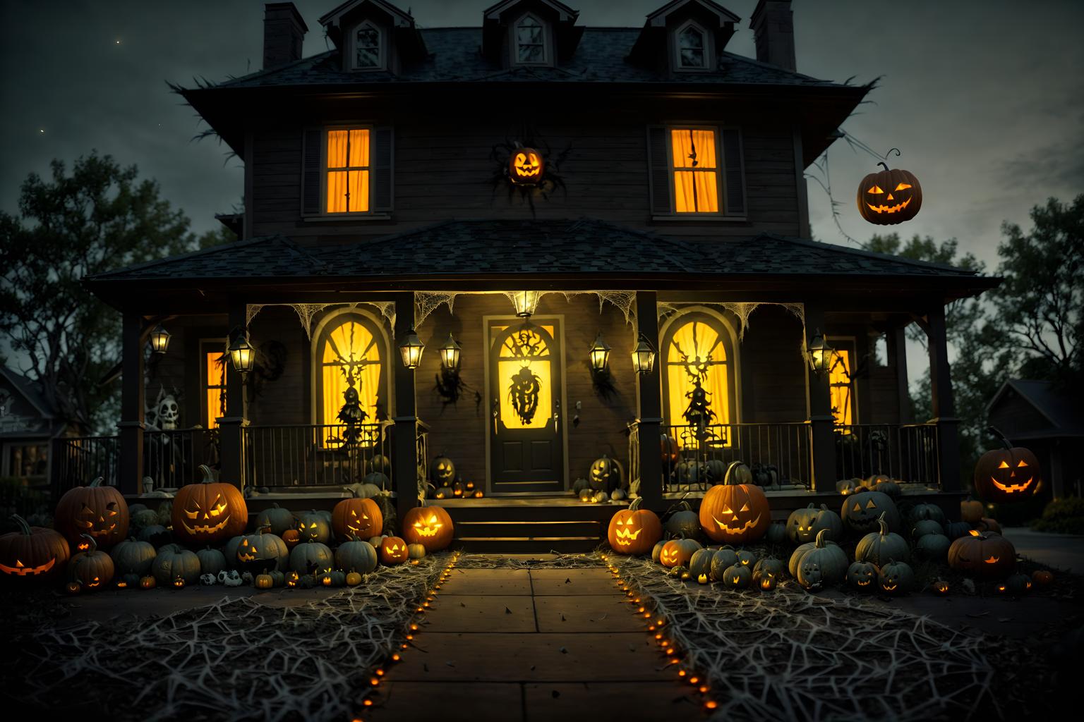 halloween-style exterior designed (house exterior exterior) . with cobwebs and spiderwebs and yellow black balloons and cobwebs and lanterns and lanterns and glowing pumpkins and human skulls. . cinematic photo, highly detailed, cinematic lighting, ultra-detailed, ultrarealistic, photorealism, 8k. halloween exterior design style. masterpiece, cinematic light, ultrarealistic+, photorealistic+, 8k, raw photo, realistic, sharp focus on eyes, (symmetrical eyes), (intact eyes), hyperrealistic, highest quality, best quality, , highly detailed, masterpiece, best quality, extremely detailed 8k wallpaper, masterpiece, best quality, ultra-detailed, best shadow, detailed background, detailed face, detailed eyes, high contrast, best illumination, detailed face, dulux, caustic, dynamic angle, detailed glow. dramatic lighting. highly detailed, insanely detailed hair, symmetrical, intricate details, professionally retouched, 8k high definition. strong bokeh. award winning photo.