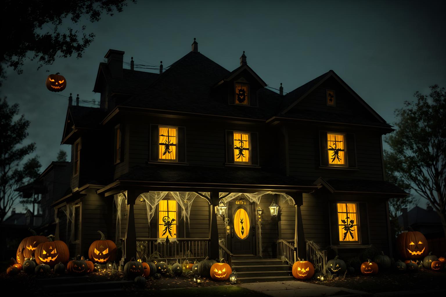 halloween-style exterior designed (house exterior exterior) . with cobwebs and spiderwebs and yellow black balloons and cobwebs and lanterns and lanterns and glowing pumpkins and human skulls. . cinematic photo, highly detailed, cinematic lighting, ultra-detailed, ultrarealistic, photorealism, 8k. halloween exterior design style. masterpiece, cinematic light, ultrarealistic+, photorealistic+, 8k, raw photo, realistic, sharp focus on eyes, (symmetrical eyes), (intact eyes), hyperrealistic, highest quality, best quality, , highly detailed, masterpiece, best quality, extremely detailed 8k wallpaper, masterpiece, best quality, ultra-detailed, best shadow, detailed background, detailed face, detailed eyes, high contrast, best illumination, detailed face, dulux, caustic, dynamic angle, detailed glow. dramatic lighting. highly detailed, insanely detailed hair, symmetrical, intricate details, professionally retouched, 8k high definition. strong bokeh. award winning photo.