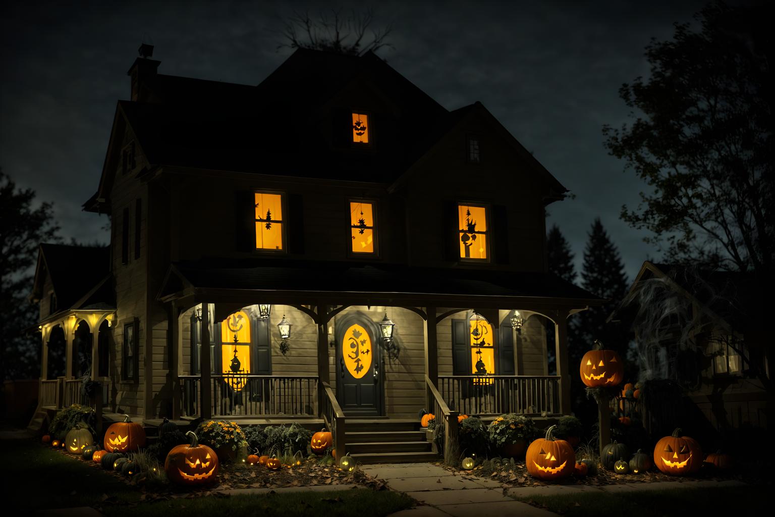 halloween-style exterior designed (house exterior exterior) . with cobwebs and spiderwebs and yellow black balloons and cobwebs and lanterns and lanterns and glowing pumpkins and human skulls. . cinematic photo, highly detailed, cinematic lighting, ultra-detailed, ultrarealistic, photorealism, 8k. halloween exterior design style. masterpiece, cinematic light, ultrarealistic+, photorealistic+, 8k, raw photo, realistic, sharp focus on eyes, (symmetrical eyes), (intact eyes), hyperrealistic, highest quality, best quality, , highly detailed, masterpiece, best quality, extremely detailed 8k wallpaper, masterpiece, best quality, ultra-detailed, best shadow, detailed background, detailed face, detailed eyes, high contrast, best illumination, detailed face, dulux, caustic, dynamic angle, detailed glow. dramatic lighting. highly detailed, insanely detailed hair, symmetrical, intricate details, professionally retouched, 8k high definition. strong bokeh. award winning photo.