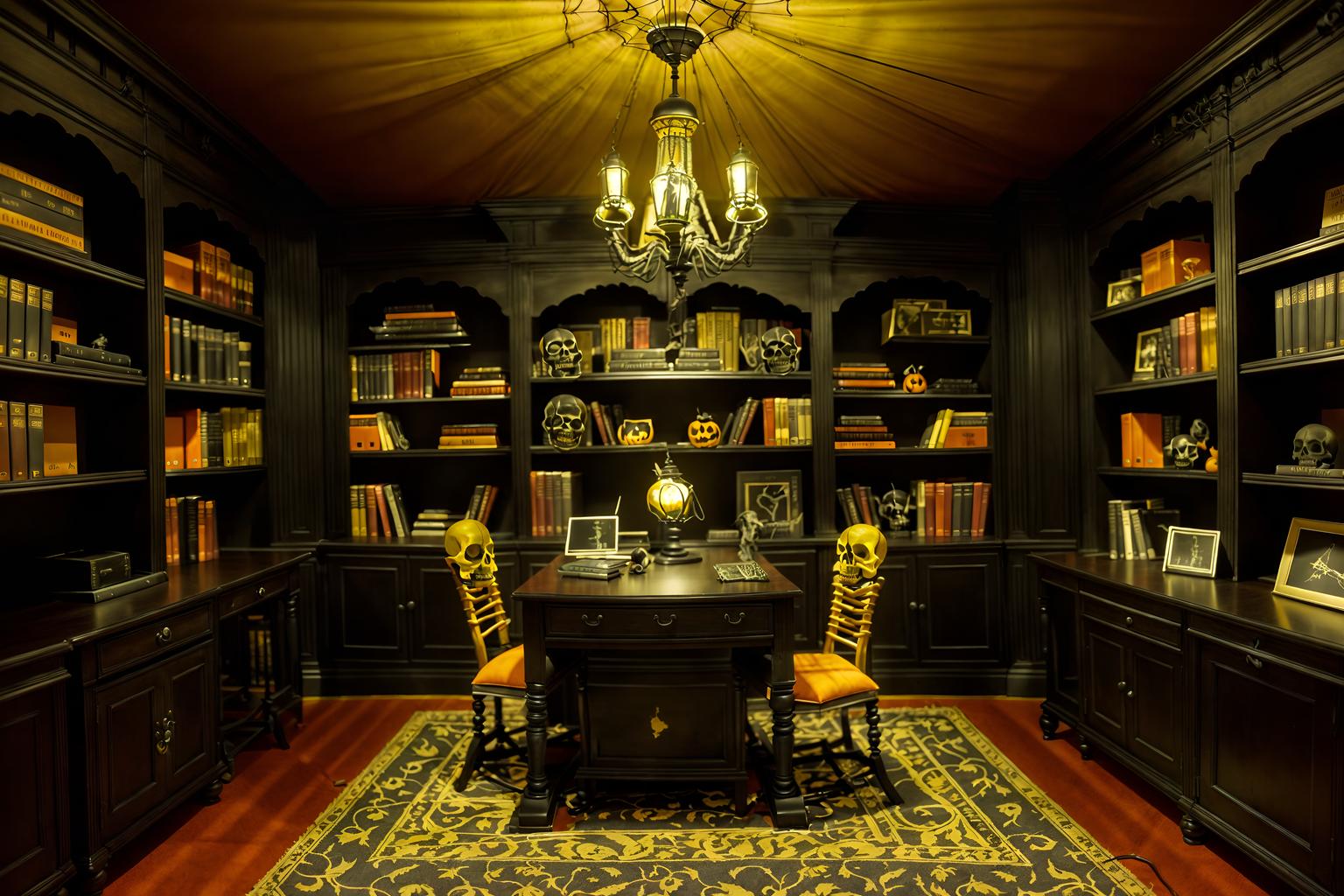 halloween-style (study room interior) with desk lamp and bookshelves and office chair and plant and cabinets and writing desk and lounge chair and desk lamp. . with cobwebs and human skulls and skeletons sitting and standing and spiderwebs and lanterns and lanterns and yellow black balloons and cobwebs. . cinematic photo, highly detailed, cinematic lighting, ultra-detailed, ultrarealistic, photorealism, 8k. halloween interior design style. masterpiece, cinematic light, ultrarealistic+, photorealistic+, 8k, raw photo, realistic, sharp focus on eyes, (symmetrical eyes), (intact eyes), hyperrealistic, highest quality, best quality, , highly detailed, masterpiece, best quality, extremely detailed 8k wallpaper, masterpiece, best quality, ultra-detailed, best shadow, detailed background, detailed face, detailed eyes, high contrast, best illumination, detailed face, dulux, caustic, dynamic angle, detailed glow. dramatic lighting. highly detailed, insanely detailed hair, symmetrical, intricate details, professionally retouched, 8k high definition. strong bokeh. award winning photo.