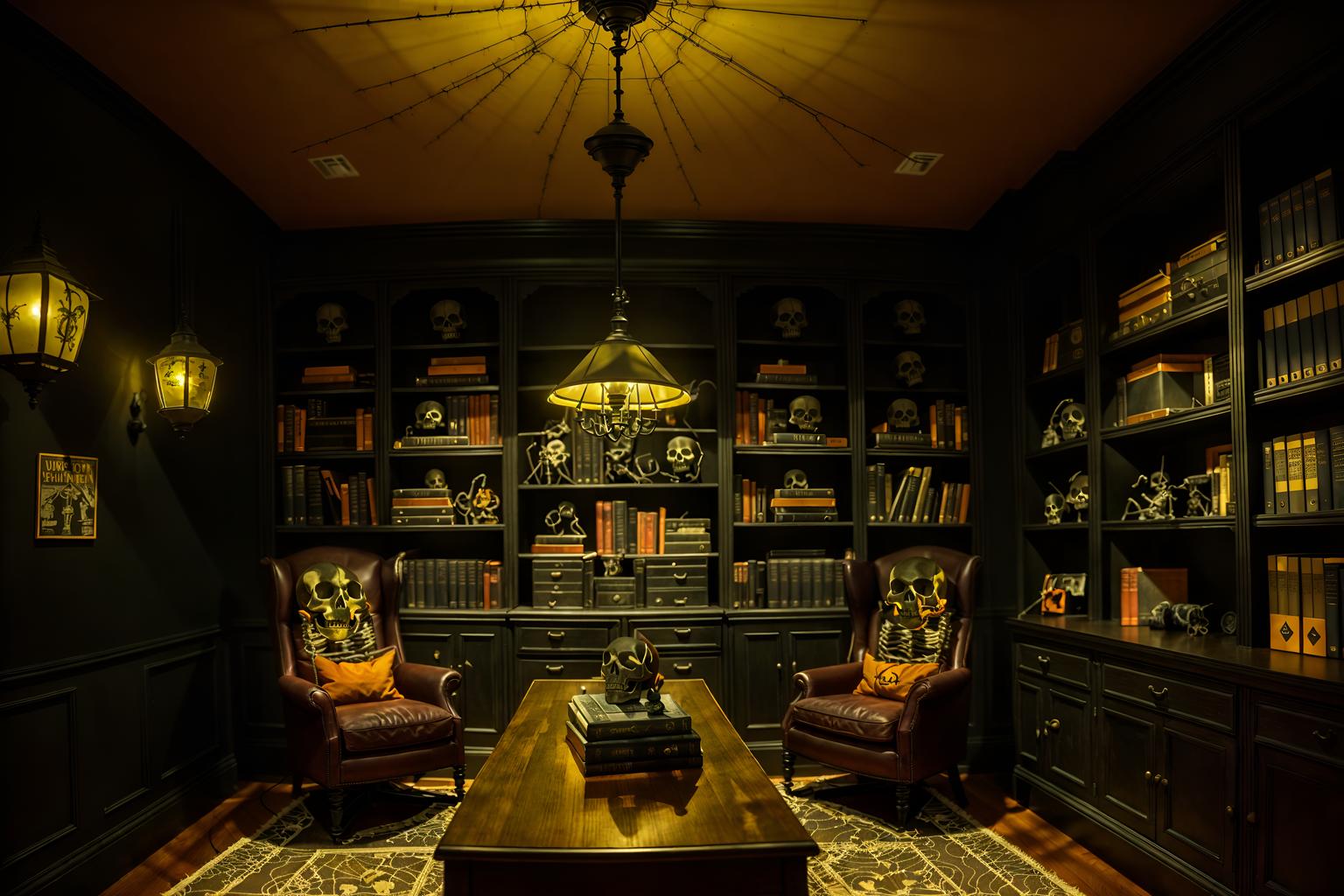 halloween-style (study room interior) with desk lamp and bookshelves and office chair and plant and cabinets and writing desk and lounge chair and desk lamp. . with cobwebs and human skulls and skeletons sitting and standing and spiderwebs and lanterns and lanterns and yellow black balloons and cobwebs. . cinematic photo, highly detailed, cinematic lighting, ultra-detailed, ultrarealistic, photorealism, 8k. halloween interior design style. masterpiece, cinematic light, ultrarealistic+, photorealistic+, 8k, raw photo, realistic, sharp focus on eyes, (symmetrical eyes), (intact eyes), hyperrealistic, highest quality, best quality, , highly detailed, masterpiece, best quality, extremely detailed 8k wallpaper, masterpiece, best quality, ultra-detailed, best shadow, detailed background, detailed face, detailed eyes, high contrast, best illumination, detailed face, dulux, caustic, dynamic angle, detailed glow. dramatic lighting. highly detailed, insanely detailed hair, symmetrical, intricate details, professionally retouched, 8k high definition. strong bokeh. award winning photo.