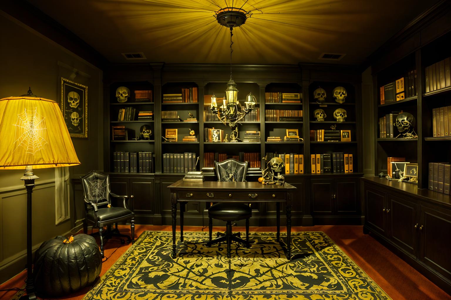 halloween-style (study room interior) with desk lamp and bookshelves and office chair and plant and cabinets and writing desk and lounge chair and desk lamp. . with cobwebs and human skulls and skeletons sitting and standing and spiderwebs and lanterns and lanterns and yellow black balloons and cobwebs. . cinematic photo, highly detailed, cinematic lighting, ultra-detailed, ultrarealistic, photorealism, 8k. halloween interior design style. masterpiece, cinematic light, ultrarealistic+, photorealistic+, 8k, raw photo, realistic, sharp focus on eyes, (symmetrical eyes), (intact eyes), hyperrealistic, highest quality, best quality, , highly detailed, masterpiece, best quality, extremely detailed 8k wallpaper, masterpiece, best quality, ultra-detailed, best shadow, detailed background, detailed face, detailed eyes, high contrast, best illumination, detailed face, dulux, caustic, dynamic angle, detailed glow. dramatic lighting. highly detailed, insanely detailed hair, symmetrical, intricate details, professionally retouched, 8k high definition. strong bokeh. award winning photo.