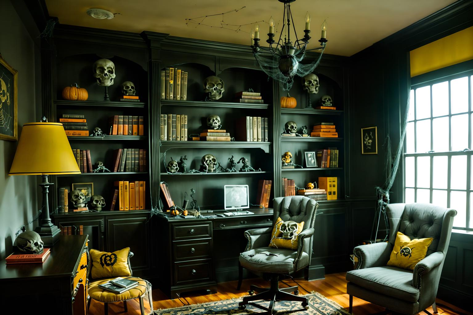 halloween-style (study room interior) with desk lamp and bookshelves and office chair and plant and cabinets and writing desk and lounge chair and desk lamp. . with cobwebs and human skulls and skeletons sitting and standing and spiderwebs and lanterns and lanterns and yellow black balloons and cobwebs. . cinematic photo, highly detailed, cinematic lighting, ultra-detailed, ultrarealistic, photorealism, 8k. halloween interior design style. masterpiece, cinematic light, ultrarealistic+, photorealistic+, 8k, raw photo, realistic, sharp focus on eyes, (symmetrical eyes), (intact eyes), hyperrealistic, highest quality, best quality, , highly detailed, masterpiece, best quality, extremely detailed 8k wallpaper, masterpiece, best quality, ultra-detailed, best shadow, detailed background, detailed face, detailed eyes, high contrast, best illumination, detailed face, dulux, caustic, dynamic angle, detailed glow. dramatic lighting. highly detailed, insanely detailed hair, symmetrical, intricate details, professionally retouched, 8k high definition. strong bokeh. award winning photo.