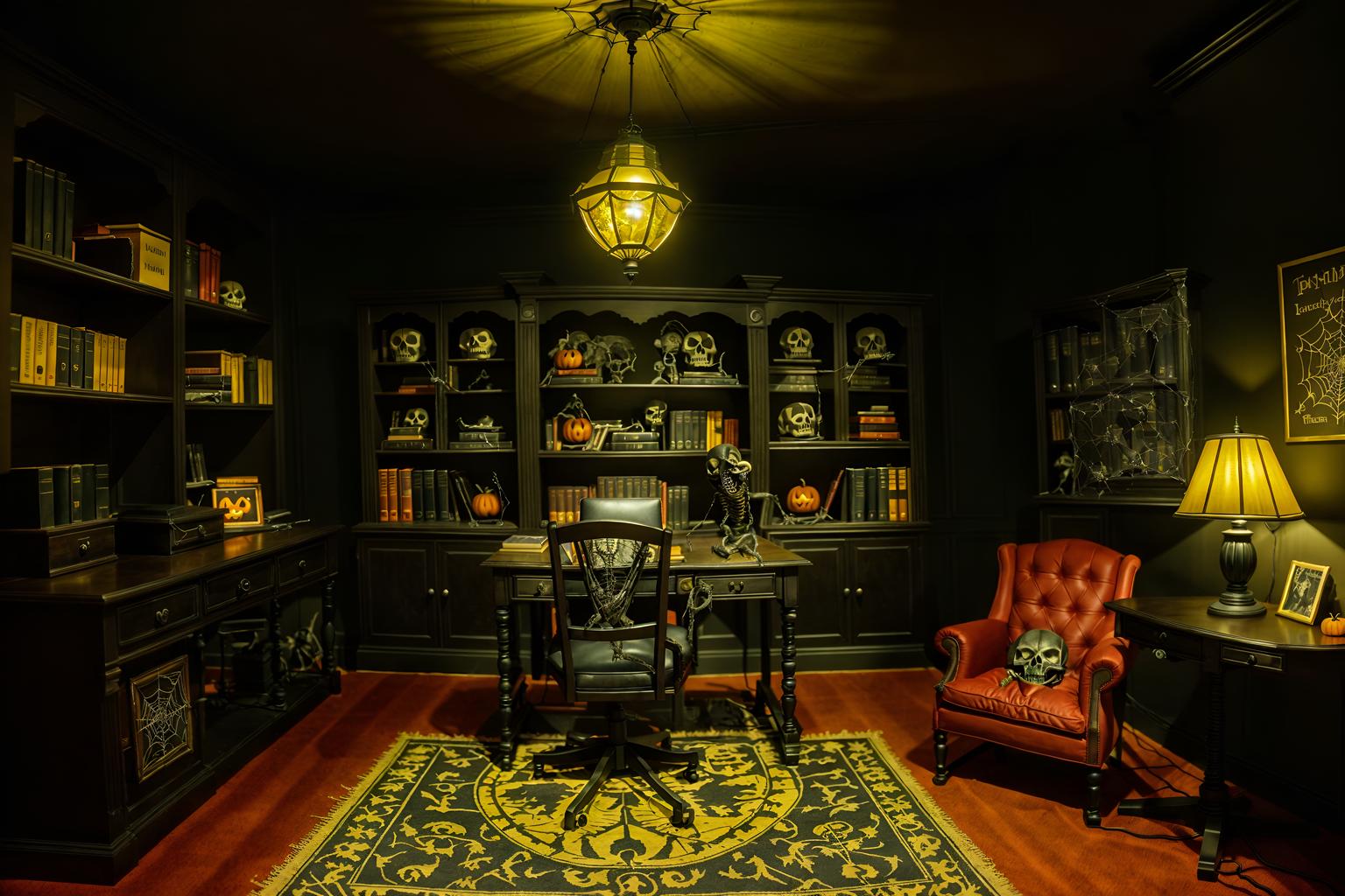 halloween-style (study room interior) with desk lamp and bookshelves and office chair and plant and cabinets and writing desk and lounge chair and desk lamp. . with cobwebs and human skulls and skeletons sitting and standing and spiderwebs and lanterns and lanterns and yellow black balloons and cobwebs. . cinematic photo, highly detailed, cinematic lighting, ultra-detailed, ultrarealistic, photorealism, 8k. halloween interior design style. masterpiece, cinematic light, ultrarealistic+, photorealistic+, 8k, raw photo, realistic, sharp focus on eyes, (symmetrical eyes), (intact eyes), hyperrealistic, highest quality, best quality, , highly detailed, masterpiece, best quality, extremely detailed 8k wallpaper, masterpiece, best quality, ultra-detailed, best shadow, detailed background, detailed face, detailed eyes, high contrast, best illumination, detailed face, dulux, caustic, dynamic angle, detailed glow. dramatic lighting. highly detailed, insanely detailed hair, symmetrical, intricate details, professionally retouched, 8k high definition. strong bokeh. award winning photo.