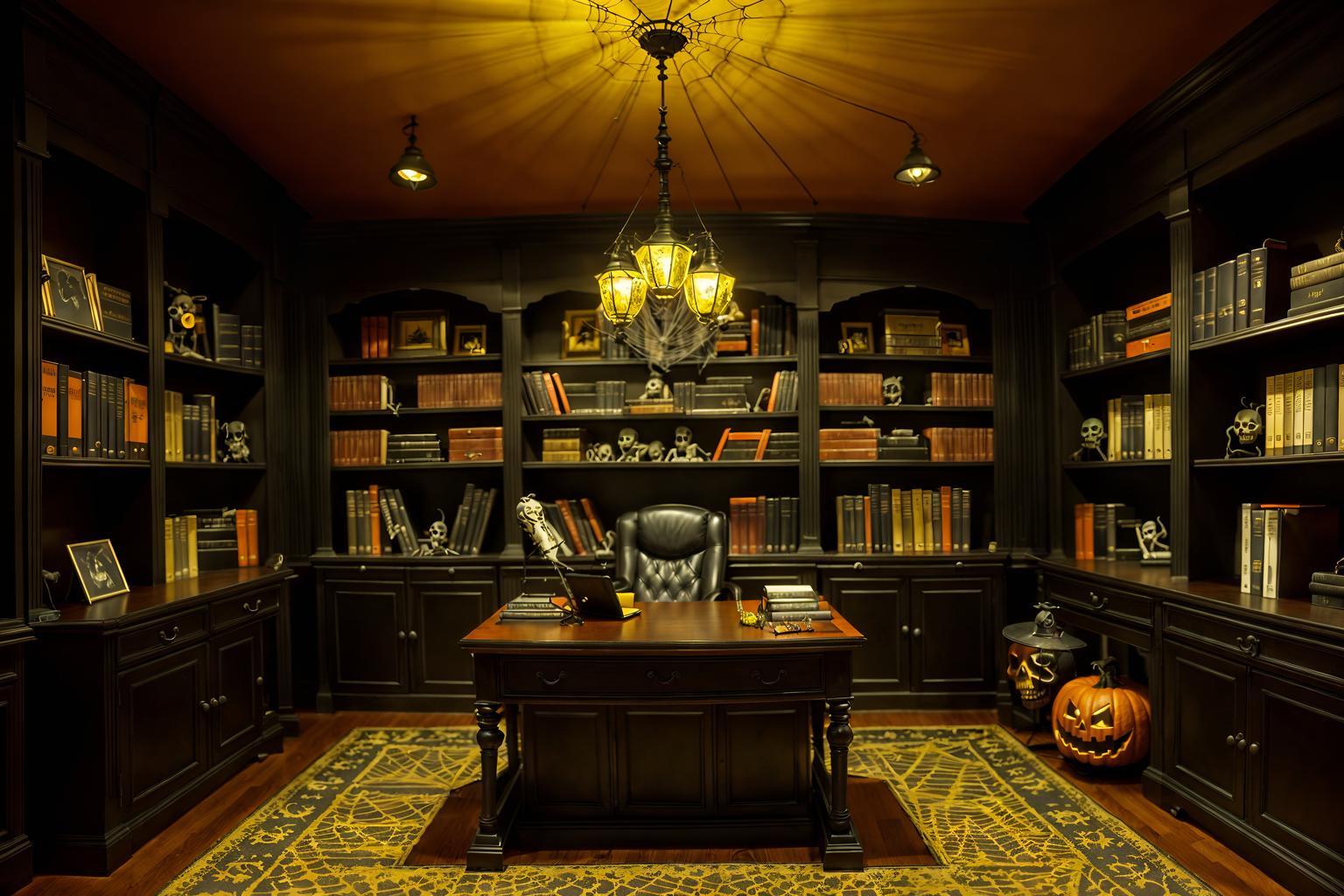 halloween-style (study room interior) with desk lamp and bookshelves and office chair and plant and cabinets and writing desk and lounge chair and desk lamp. . with cobwebs and human skulls and skeletons sitting and standing and spiderwebs and lanterns and lanterns and yellow black balloons and cobwebs. . cinematic photo, highly detailed, cinematic lighting, ultra-detailed, ultrarealistic, photorealism, 8k. halloween interior design style. masterpiece, cinematic light, ultrarealistic+, photorealistic+, 8k, raw photo, realistic, sharp focus on eyes, (symmetrical eyes), (intact eyes), hyperrealistic, highest quality, best quality, , highly detailed, masterpiece, best quality, extremely detailed 8k wallpaper, masterpiece, best quality, ultra-detailed, best shadow, detailed background, detailed face, detailed eyes, high contrast, best illumination, detailed face, dulux, caustic, dynamic angle, detailed glow. dramatic lighting. highly detailed, insanely detailed hair, symmetrical, intricate details, professionally retouched, 8k high definition. strong bokeh. award winning photo.