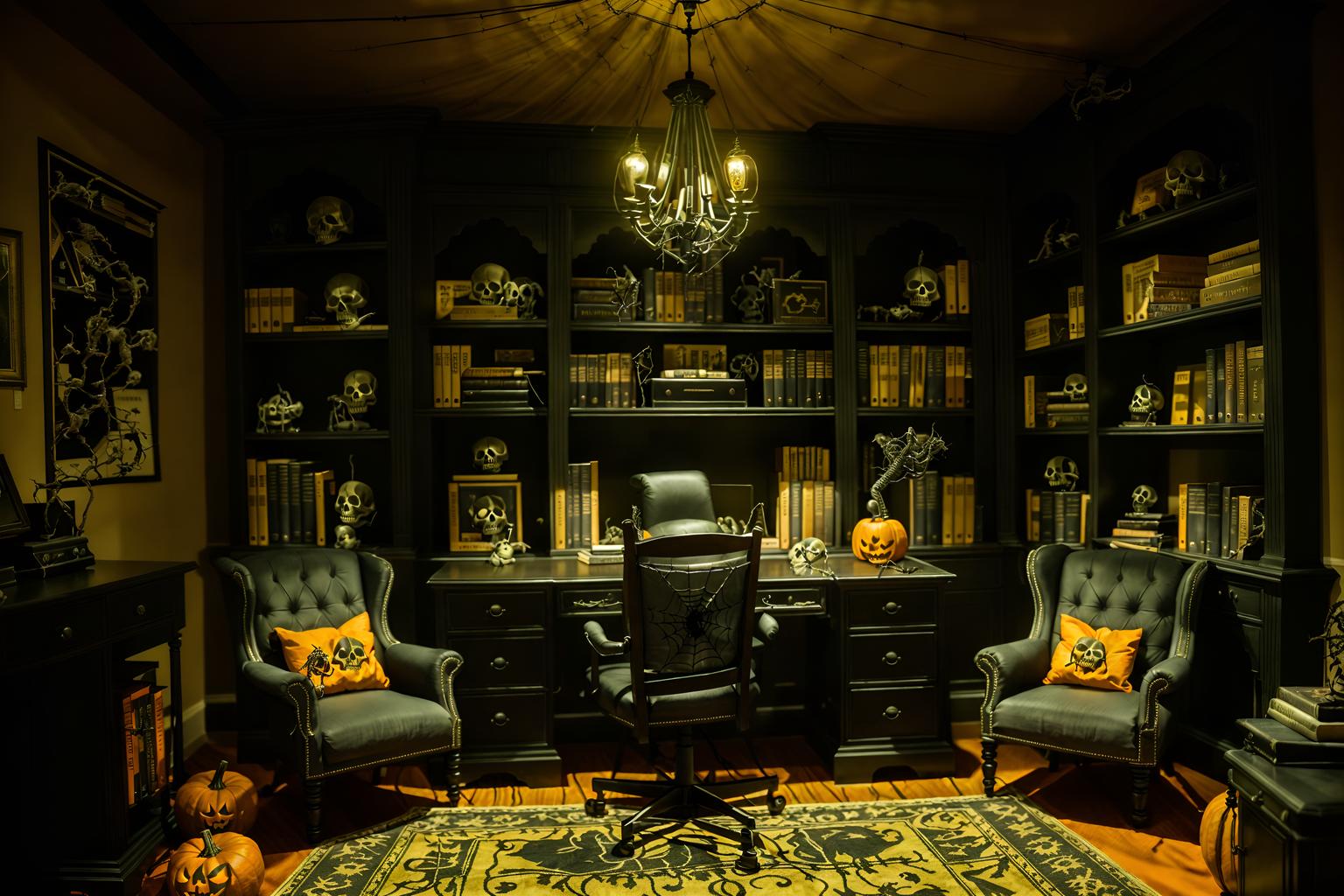 halloween-style (study room interior) with desk lamp and bookshelves and office chair and plant and cabinets and writing desk and lounge chair and desk lamp. . with cobwebs and human skulls and skeletons sitting and standing and spiderwebs and lanterns and lanterns and yellow black balloons and cobwebs. . cinematic photo, highly detailed, cinematic lighting, ultra-detailed, ultrarealistic, photorealism, 8k. halloween interior design style. masterpiece, cinematic light, ultrarealistic+, photorealistic+, 8k, raw photo, realistic, sharp focus on eyes, (symmetrical eyes), (intact eyes), hyperrealistic, highest quality, best quality, , highly detailed, masterpiece, best quality, extremely detailed 8k wallpaper, masterpiece, best quality, ultra-detailed, best shadow, detailed background, detailed face, detailed eyes, high contrast, best illumination, detailed face, dulux, caustic, dynamic angle, detailed glow. dramatic lighting. highly detailed, insanely detailed hair, symmetrical, intricate details, professionally retouched, 8k high definition. strong bokeh. award winning photo.