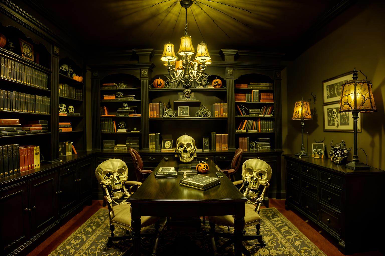 halloween-style (study room interior) with desk lamp and bookshelves and office chair and plant and cabinets and writing desk and lounge chair and desk lamp. . with cobwebs and human skulls and skeletons sitting and standing and spiderwebs and lanterns and lanterns and yellow black balloons and cobwebs. . cinematic photo, highly detailed, cinematic lighting, ultra-detailed, ultrarealistic, photorealism, 8k. halloween interior design style. masterpiece, cinematic light, ultrarealistic+, photorealistic+, 8k, raw photo, realistic, sharp focus on eyes, (symmetrical eyes), (intact eyes), hyperrealistic, highest quality, best quality, , highly detailed, masterpiece, best quality, extremely detailed 8k wallpaper, masterpiece, best quality, ultra-detailed, best shadow, detailed background, detailed face, detailed eyes, high contrast, best illumination, detailed face, dulux, caustic, dynamic angle, detailed glow. dramatic lighting. highly detailed, insanely detailed hair, symmetrical, intricate details, professionally retouched, 8k high definition. strong bokeh. award winning photo.