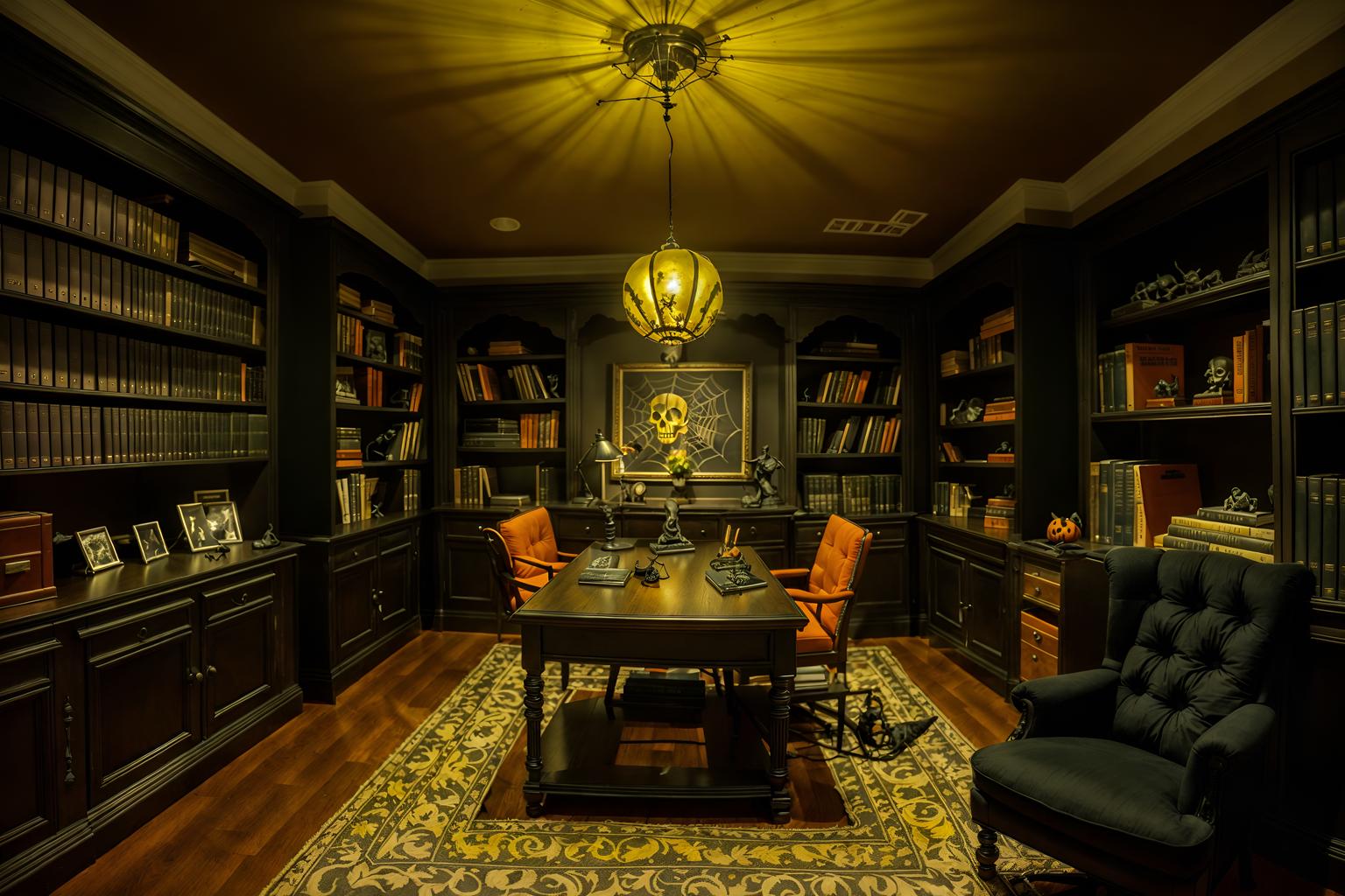 halloween-style (study room interior) with desk lamp and bookshelves and office chair and plant and cabinets and writing desk and lounge chair and desk lamp. . with cobwebs and human skulls and skeletons sitting and standing and spiderwebs and lanterns and lanterns and yellow black balloons and cobwebs. . cinematic photo, highly detailed, cinematic lighting, ultra-detailed, ultrarealistic, photorealism, 8k. halloween interior design style. masterpiece, cinematic light, ultrarealistic+, photorealistic+, 8k, raw photo, realistic, sharp focus on eyes, (symmetrical eyes), (intact eyes), hyperrealistic, highest quality, best quality, , highly detailed, masterpiece, best quality, extremely detailed 8k wallpaper, masterpiece, best quality, ultra-detailed, best shadow, detailed background, detailed face, detailed eyes, high contrast, best illumination, detailed face, dulux, caustic, dynamic angle, detailed glow. dramatic lighting. highly detailed, insanely detailed hair, symmetrical, intricate details, professionally retouched, 8k high definition. strong bokeh. award winning photo.