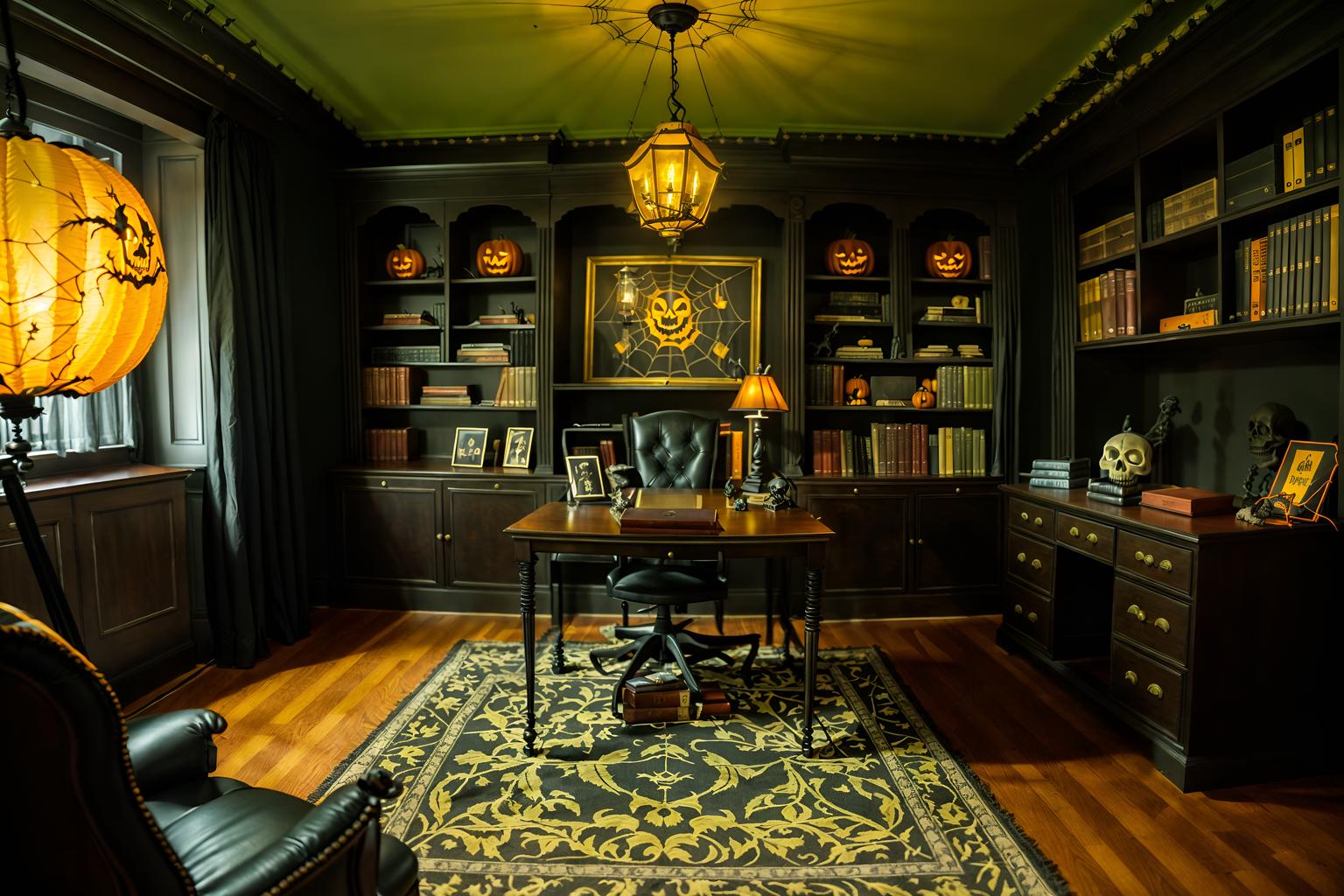 halloween-style (study room interior) with desk lamp and bookshelves and office chair and plant and cabinets and writing desk and lounge chair and desk lamp. . with cobwebs and human skulls and skeletons sitting and standing and spiderwebs and lanterns and lanterns and yellow black balloons and cobwebs. . cinematic photo, highly detailed, cinematic lighting, ultra-detailed, ultrarealistic, photorealism, 8k. halloween interior design style. masterpiece, cinematic light, ultrarealistic+, photorealistic+, 8k, raw photo, realistic, sharp focus on eyes, (symmetrical eyes), (intact eyes), hyperrealistic, highest quality, best quality, , highly detailed, masterpiece, best quality, extremely detailed 8k wallpaper, masterpiece, best quality, ultra-detailed, best shadow, detailed background, detailed face, detailed eyes, high contrast, best illumination, detailed face, dulux, caustic, dynamic angle, detailed glow. dramatic lighting. highly detailed, insanely detailed hair, symmetrical, intricate details, professionally retouched, 8k high definition. strong bokeh. award winning photo.