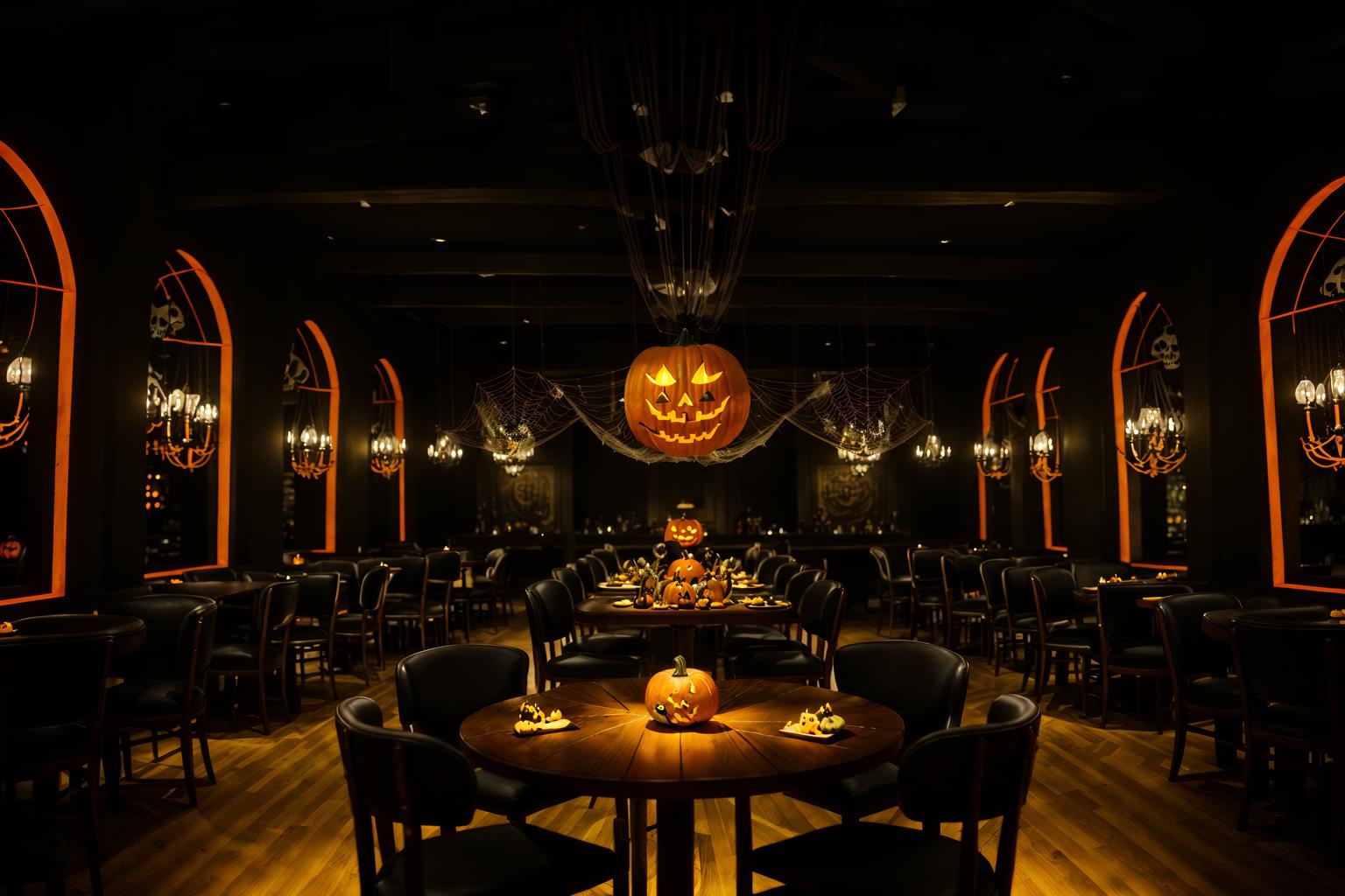 halloween-style (restaurant interior) with restaurant chairs and restaurant bar and restaurant decor and restaurant dining tables and restaurant chairs. . with glowing pumpkins and skeletons sitting and standing and lanterns and human skulls and spiderwebs and lanterns and cobwebs and yellow black balloons. . cinematic photo, highly detailed, cinematic lighting, ultra-detailed, ultrarealistic, photorealism, 8k. halloween interior design style. masterpiece, cinematic light, ultrarealistic+, photorealistic+, 8k, raw photo, realistic, sharp focus on eyes, (symmetrical eyes), (intact eyes), hyperrealistic, highest quality, best quality, , highly detailed, masterpiece, best quality, extremely detailed 8k wallpaper, masterpiece, best quality, ultra-detailed, best shadow, detailed background, detailed face, detailed eyes, high contrast, best illumination, detailed face, dulux, caustic, dynamic angle, detailed glow. dramatic lighting. highly detailed, insanely detailed hair, symmetrical, intricate details, professionally retouched, 8k high definition. strong bokeh. award winning photo.