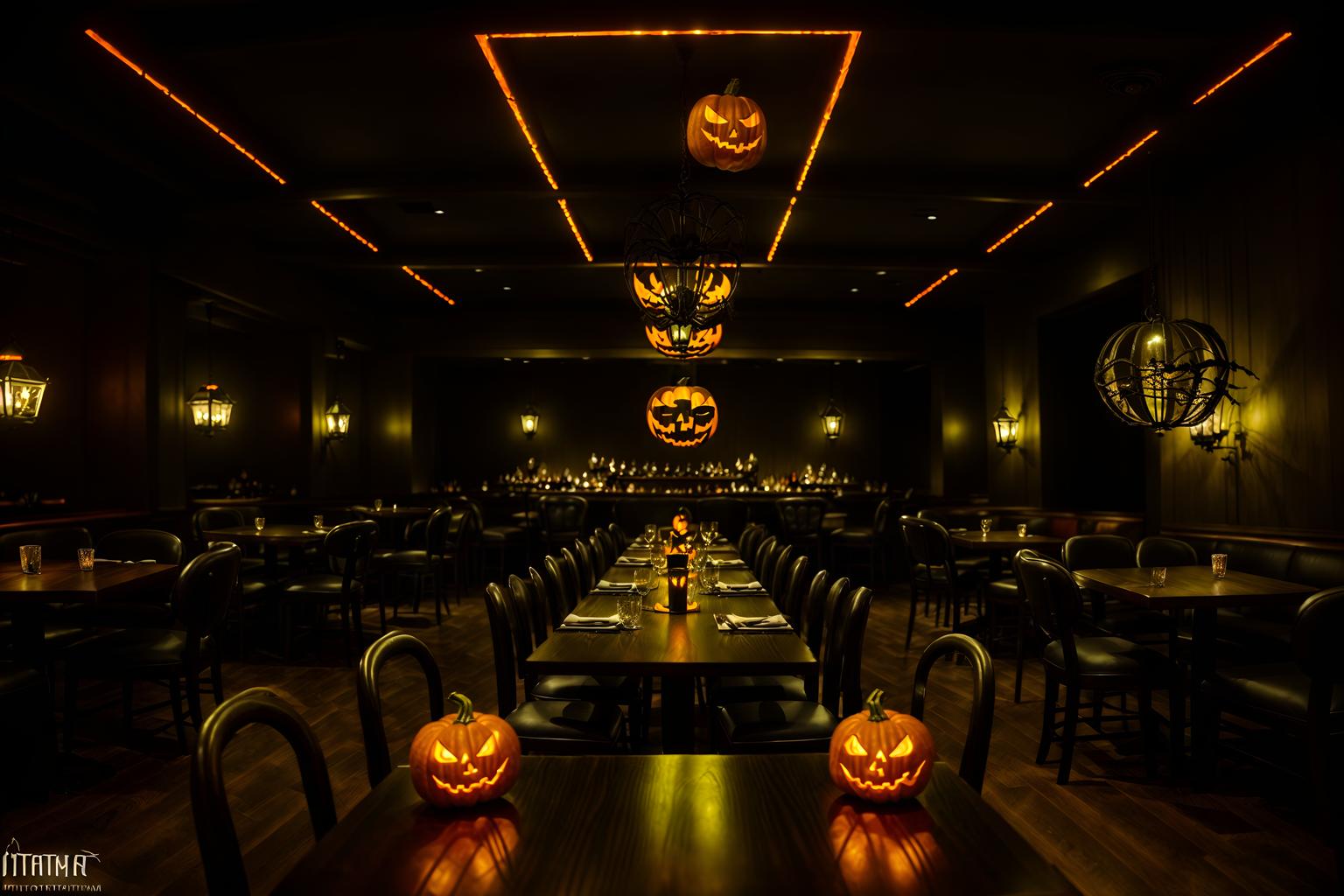 halloween-style (restaurant interior) with restaurant chairs and restaurant bar and restaurant decor and restaurant dining tables and restaurant chairs. . with glowing pumpkins and skeletons sitting and standing and lanterns and human skulls and spiderwebs and lanterns and cobwebs and yellow black balloons. . cinematic photo, highly detailed, cinematic lighting, ultra-detailed, ultrarealistic, photorealism, 8k. halloween interior design style. masterpiece, cinematic light, ultrarealistic+, photorealistic+, 8k, raw photo, realistic, sharp focus on eyes, (symmetrical eyes), (intact eyes), hyperrealistic, highest quality, best quality, , highly detailed, masterpiece, best quality, extremely detailed 8k wallpaper, masterpiece, best quality, ultra-detailed, best shadow, detailed background, detailed face, detailed eyes, high contrast, best illumination, detailed face, dulux, caustic, dynamic angle, detailed glow. dramatic lighting. highly detailed, insanely detailed hair, symmetrical, intricate details, professionally retouched, 8k high definition. strong bokeh. award winning photo.