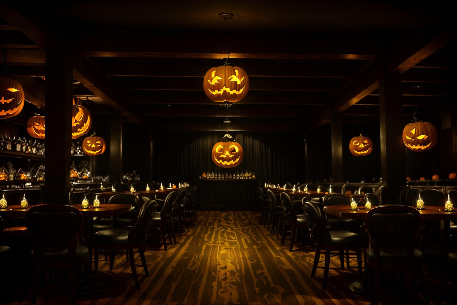 halloween-style (restaurant interior) with restaurant chairs and restaurant bar and restaurant decor and restaurant dining tables and restaurant chairs. . with glowing pumpkins and skeletons sitting and standing and lanterns and human skulls and spiderwebs and lanterns and cobwebs and yellow black balloons. . cinematic photo, highly detailed, cinematic lighting, ultra-detailed, ultrarealistic, photorealism, 8k. halloween interior design style. masterpiece, cinematic light, ultrarealistic+, photorealistic+, 8k, raw photo, realistic, sharp focus on eyes, (symmetrical eyes), (intact eyes), hyperrealistic, highest quality, best quality, , highly detailed, masterpiece, best quality, extremely detailed 8k wallpaper, masterpiece, best quality, ultra-detailed, best shadow, detailed background, detailed face, detailed eyes, high contrast, best illumination, detailed face, dulux, caustic, dynamic angle, detailed glow. dramatic lighting. highly detailed, insanely detailed hair, symmetrical, intricate details, professionally retouched, 8k high definition. strong bokeh. award winning photo.