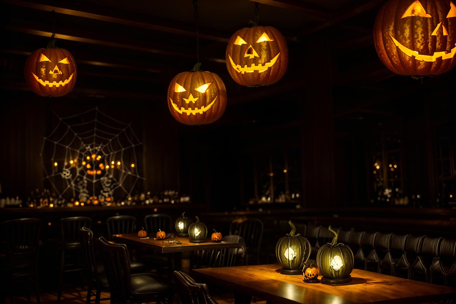 halloween-style (restaurant interior) with restaurant chairs and restaurant bar and restaurant decor and restaurant dining tables and restaurant chairs. . with glowing pumpkins and skeletons sitting and standing and lanterns and human skulls and spiderwebs and lanterns and cobwebs and yellow black balloons. . cinematic photo, highly detailed, cinematic lighting, ultra-detailed, ultrarealistic, photorealism, 8k. halloween interior design style. masterpiece, cinematic light, ultrarealistic+, photorealistic+, 8k, raw photo, realistic, sharp focus on eyes, (symmetrical eyes), (intact eyes), hyperrealistic, highest quality, best quality, , highly detailed, masterpiece, best quality, extremely detailed 8k wallpaper, masterpiece, best quality, ultra-detailed, best shadow, detailed background, detailed face, detailed eyes, high contrast, best illumination, detailed face, dulux, caustic, dynamic angle, detailed glow. dramatic lighting. highly detailed, insanely detailed hair, symmetrical, intricate details, professionally retouched, 8k high definition. strong bokeh. award winning photo.