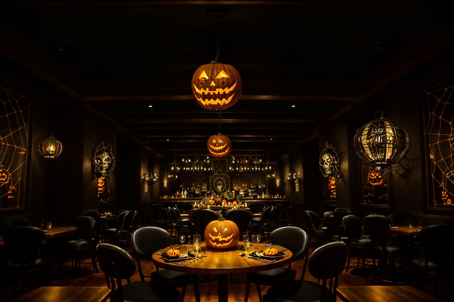 halloween-style (restaurant interior) with restaurant chairs and restaurant bar and restaurant decor and restaurant dining tables and restaurant chairs. . with glowing pumpkins and skeletons sitting and standing and lanterns and human skulls and spiderwebs and lanterns and cobwebs and yellow black balloons. . cinematic photo, highly detailed, cinematic lighting, ultra-detailed, ultrarealistic, photorealism, 8k. halloween interior design style. masterpiece, cinematic light, ultrarealistic+, photorealistic+, 8k, raw photo, realistic, sharp focus on eyes, (symmetrical eyes), (intact eyes), hyperrealistic, highest quality, best quality, , highly detailed, masterpiece, best quality, extremely detailed 8k wallpaper, masterpiece, best quality, ultra-detailed, best shadow, detailed background, detailed face, detailed eyes, high contrast, best illumination, detailed face, dulux, caustic, dynamic angle, detailed glow. dramatic lighting. highly detailed, insanely detailed hair, symmetrical, intricate details, professionally retouched, 8k high definition. strong bokeh. award winning photo.