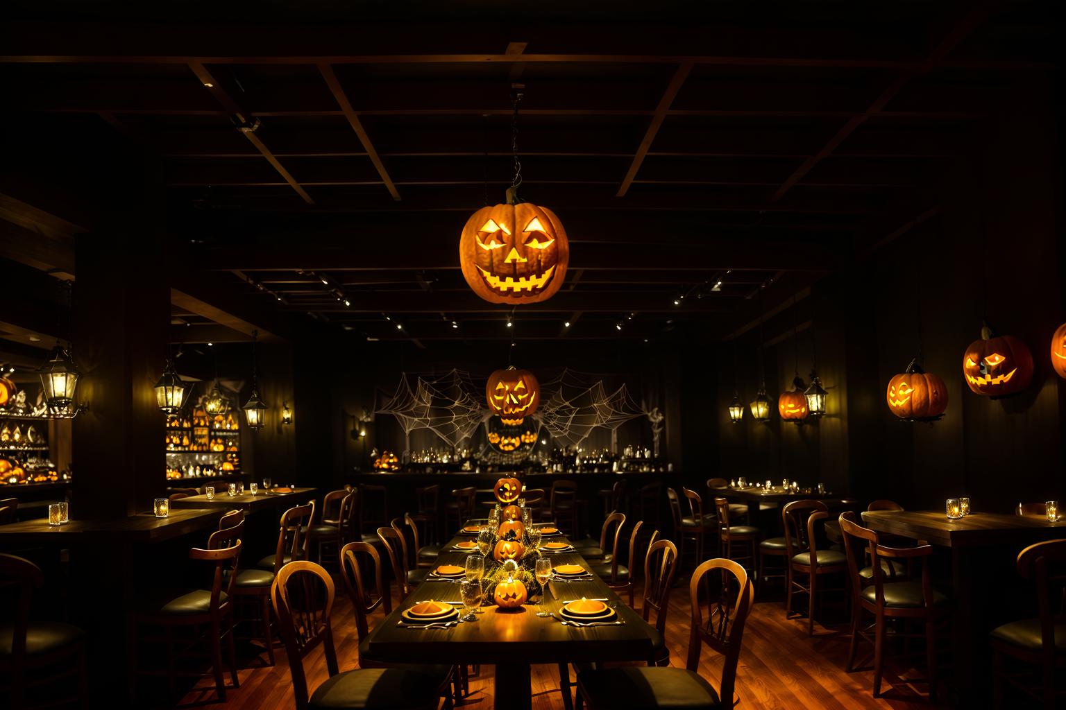 halloween-style (restaurant interior) with restaurant chairs and restaurant bar and restaurant decor and restaurant dining tables and restaurant chairs. . with glowing pumpkins and skeletons sitting and standing and lanterns and human skulls and spiderwebs and lanterns and cobwebs and yellow black balloons. . cinematic photo, highly detailed, cinematic lighting, ultra-detailed, ultrarealistic, photorealism, 8k. halloween interior design style. masterpiece, cinematic light, ultrarealistic+, photorealistic+, 8k, raw photo, realistic, sharp focus on eyes, (symmetrical eyes), (intact eyes), hyperrealistic, highest quality, best quality, , highly detailed, masterpiece, best quality, extremely detailed 8k wallpaper, masterpiece, best quality, ultra-detailed, best shadow, detailed background, detailed face, detailed eyes, high contrast, best illumination, detailed face, dulux, caustic, dynamic angle, detailed glow. dramatic lighting. highly detailed, insanely detailed hair, symmetrical, intricate details, professionally retouched, 8k high definition. strong bokeh. award winning photo.