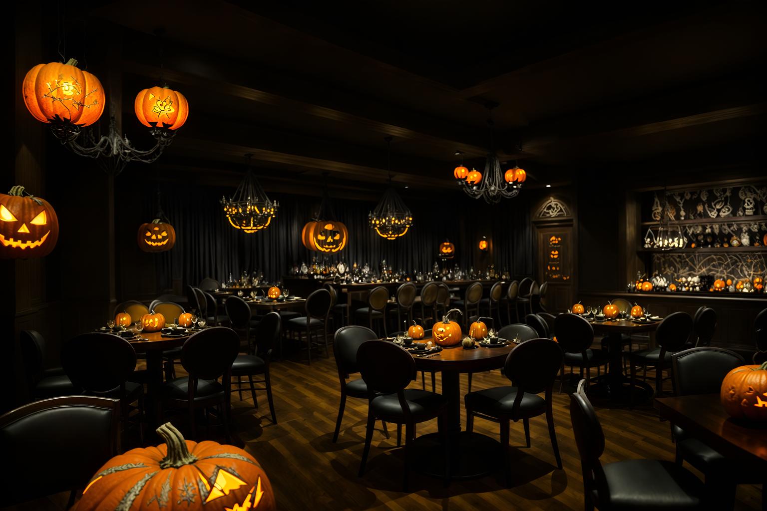 halloween-style (restaurant interior) with restaurant chairs and restaurant bar and restaurant decor and restaurant dining tables and restaurant chairs. . with glowing pumpkins and skeletons sitting and standing and lanterns and human skulls and spiderwebs and lanterns and cobwebs and yellow black balloons. . cinematic photo, highly detailed, cinematic lighting, ultra-detailed, ultrarealistic, photorealism, 8k. halloween interior design style. masterpiece, cinematic light, ultrarealistic+, photorealistic+, 8k, raw photo, realistic, sharp focus on eyes, (symmetrical eyes), (intact eyes), hyperrealistic, highest quality, best quality, , highly detailed, masterpiece, best quality, extremely detailed 8k wallpaper, masterpiece, best quality, ultra-detailed, best shadow, detailed background, detailed face, detailed eyes, high contrast, best illumination, detailed face, dulux, caustic, dynamic angle, detailed glow. dramatic lighting. highly detailed, insanely detailed hair, symmetrical, intricate details, professionally retouched, 8k high definition. strong bokeh. award winning photo.