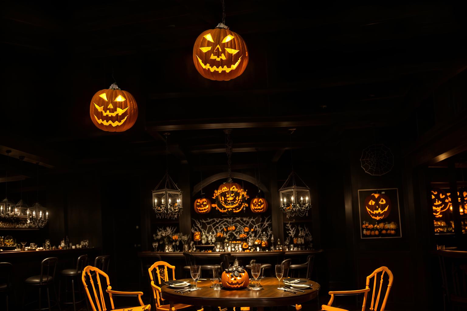 halloween-style (restaurant interior) with restaurant chairs and restaurant bar and restaurant decor and restaurant dining tables and restaurant chairs. . with glowing pumpkins and skeletons sitting and standing and lanterns and human skulls and spiderwebs and lanterns and cobwebs and yellow black balloons. . cinematic photo, highly detailed, cinematic lighting, ultra-detailed, ultrarealistic, photorealism, 8k. halloween interior design style. masterpiece, cinematic light, ultrarealistic+, photorealistic+, 8k, raw photo, realistic, sharp focus on eyes, (symmetrical eyes), (intact eyes), hyperrealistic, highest quality, best quality, , highly detailed, masterpiece, best quality, extremely detailed 8k wallpaper, masterpiece, best quality, ultra-detailed, best shadow, detailed background, detailed face, detailed eyes, high contrast, best illumination, detailed face, dulux, caustic, dynamic angle, detailed glow. dramatic lighting. highly detailed, insanely detailed hair, symmetrical, intricate details, professionally retouched, 8k high definition. strong bokeh. award winning photo.