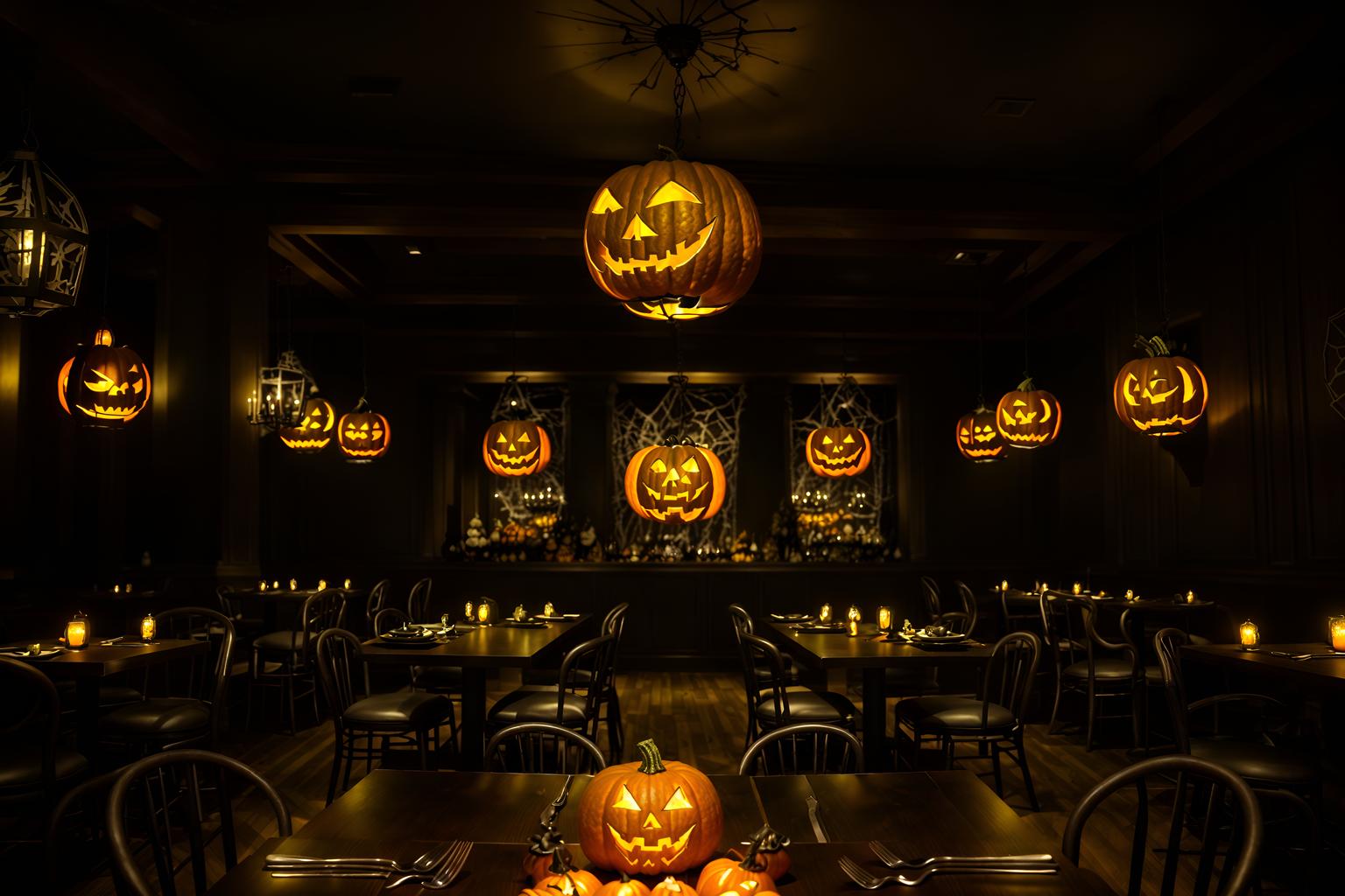 halloween-style (restaurant interior) with restaurant chairs and restaurant bar and restaurant decor and restaurant dining tables and restaurant chairs. . with glowing pumpkins and skeletons sitting and standing and lanterns and human skulls and spiderwebs and lanterns and cobwebs and yellow black balloons. . cinematic photo, highly detailed, cinematic lighting, ultra-detailed, ultrarealistic, photorealism, 8k. halloween interior design style. masterpiece, cinematic light, ultrarealistic+, photorealistic+, 8k, raw photo, realistic, sharp focus on eyes, (symmetrical eyes), (intact eyes), hyperrealistic, highest quality, best quality, , highly detailed, masterpiece, best quality, extremely detailed 8k wallpaper, masterpiece, best quality, ultra-detailed, best shadow, detailed background, detailed face, detailed eyes, high contrast, best illumination, detailed face, dulux, caustic, dynamic angle, detailed glow. dramatic lighting. highly detailed, insanely detailed hair, symmetrical, intricate details, professionally retouched, 8k high definition. strong bokeh. award winning photo.