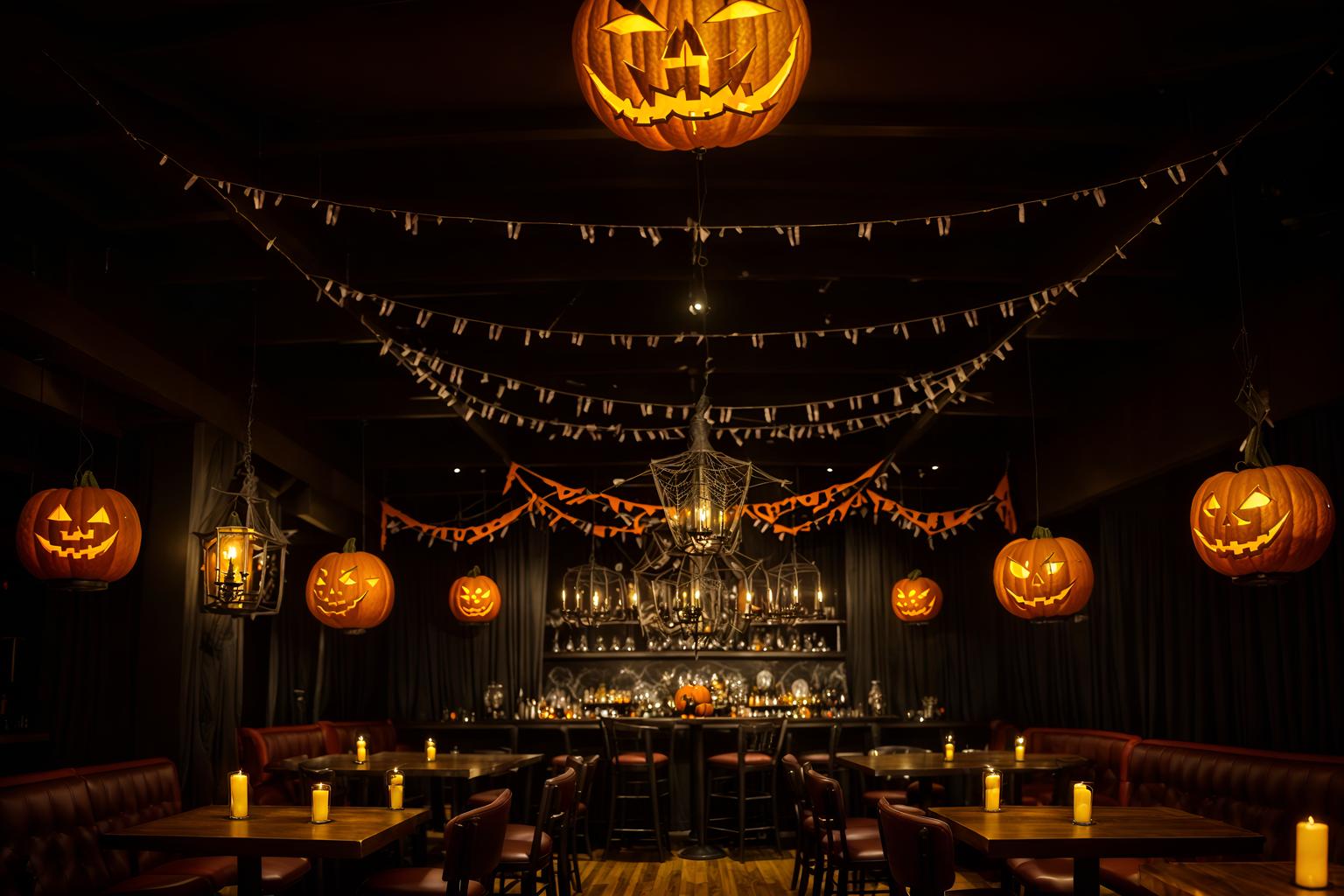 halloween-style (restaurant interior) with restaurant chairs and restaurant bar and restaurant decor and restaurant dining tables and restaurant chairs. . with glowing pumpkins and skeletons sitting and standing and lanterns and human skulls and spiderwebs and lanterns and cobwebs and yellow black balloons. . cinematic photo, highly detailed, cinematic lighting, ultra-detailed, ultrarealistic, photorealism, 8k. halloween interior design style. masterpiece, cinematic light, ultrarealistic+, photorealistic+, 8k, raw photo, realistic, sharp focus on eyes, (symmetrical eyes), (intact eyes), hyperrealistic, highest quality, best quality, , highly detailed, masterpiece, best quality, extremely detailed 8k wallpaper, masterpiece, best quality, ultra-detailed, best shadow, detailed background, detailed face, detailed eyes, high contrast, best illumination, detailed face, dulux, caustic, dynamic angle, detailed glow. dramatic lighting. highly detailed, insanely detailed hair, symmetrical, intricate details, professionally retouched, 8k high definition. strong bokeh. award winning photo.