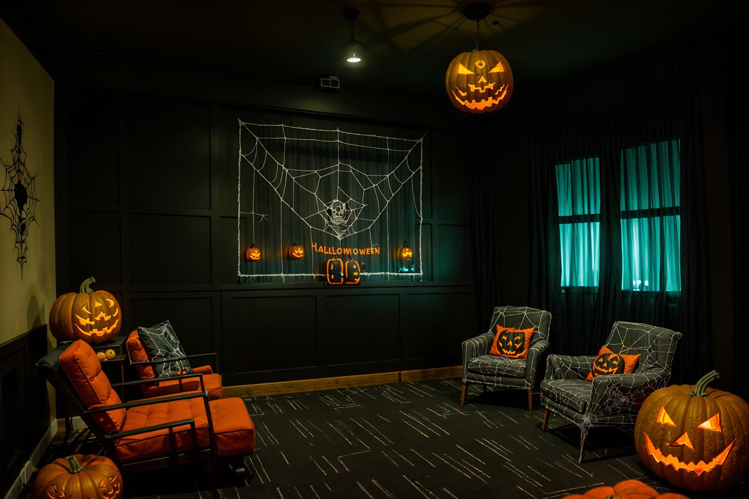 halloween-style (coworking space interior) with lounge chairs and office chairs and office desks and seating area with sofa and lounge chairs. . with glowing pumpkins and cobwebs and human skulls and lanterns and spiderwebs and cobwebs and skeletons sitting and standing and yellow black balloons. . cinematic photo, highly detailed, cinematic lighting, ultra-detailed, ultrarealistic, photorealism, 8k. halloween interior design style. masterpiece, cinematic light, ultrarealistic+, photorealistic+, 8k, raw photo, realistic, sharp focus on eyes, (symmetrical eyes), (intact eyes), hyperrealistic, highest quality, best quality, , highly detailed, masterpiece, best quality, extremely detailed 8k wallpaper, masterpiece, best quality, ultra-detailed, best shadow, detailed background, detailed face, detailed eyes, high contrast, best illumination, detailed face, dulux, caustic, dynamic angle, detailed glow. dramatic lighting. highly detailed, insanely detailed hair, symmetrical, intricate details, professionally retouched, 8k high definition. strong bokeh. award winning photo.