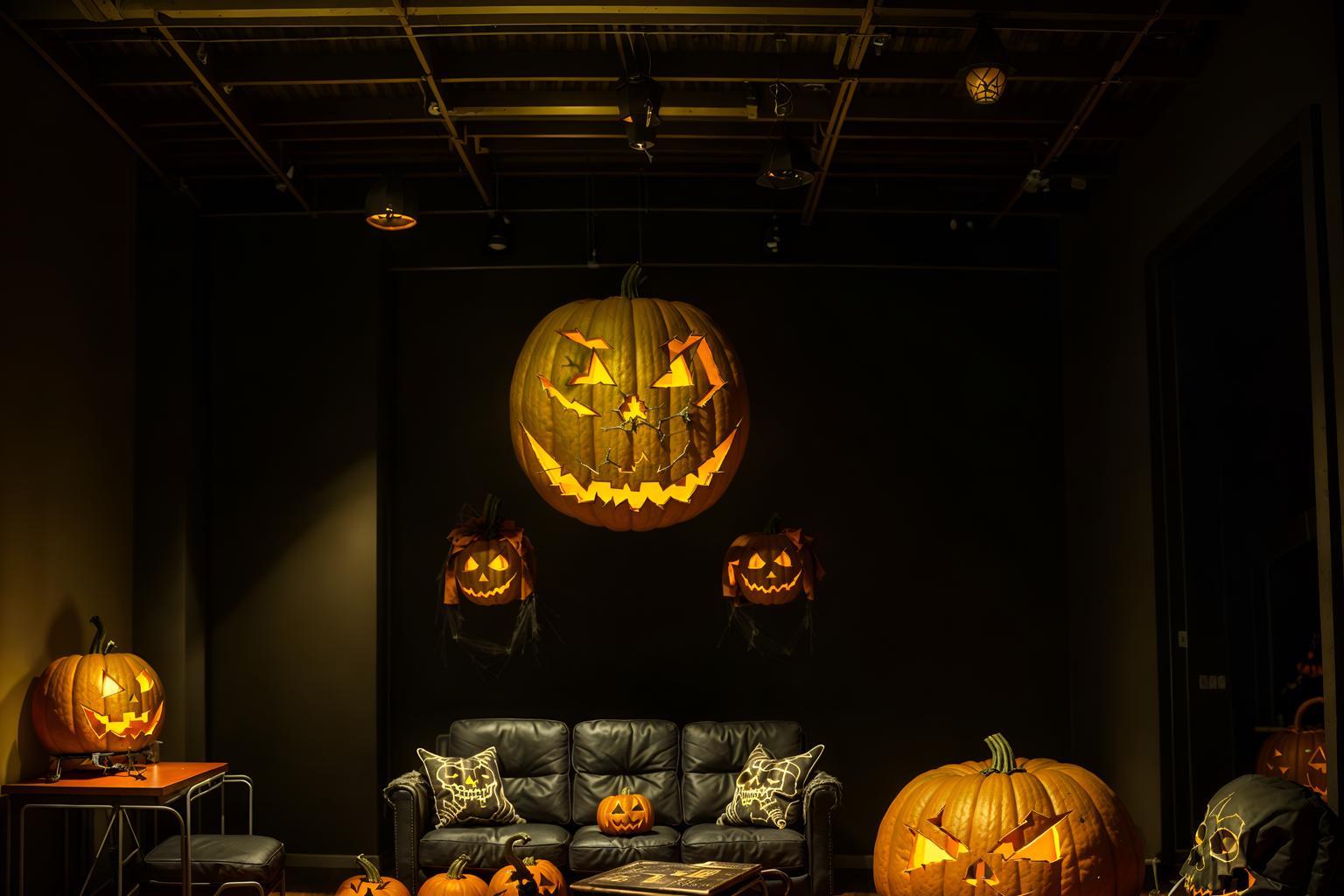 halloween-style (coworking space interior) with lounge chairs and office chairs and office desks and seating area with sofa and lounge chairs. . with glowing pumpkins and cobwebs and human skulls and lanterns and spiderwebs and cobwebs and skeletons sitting and standing and yellow black balloons. . cinematic photo, highly detailed, cinematic lighting, ultra-detailed, ultrarealistic, photorealism, 8k. halloween interior design style. masterpiece, cinematic light, ultrarealistic+, photorealistic+, 8k, raw photo, realistic, sharp focus on eyes, (symmetrical eyes), (intact eyes), hyperrealistic, highest quality, best quality, , highly detailed, masterpiece, best quality, extremely detailed 8k wallpaper, masterpiece, best quality, ultra-detailed, best shadow, detailed background, detailed face, detailed eyes, high contrast, best illumination, detailed face, dulux, caustic, dynamic angle, detailed glow. dramatic lighting. highly detailed, insanely detailed hair, symmetrical, intricate details, professionally retouched, 8k high definition. strong bokeh. award winning photo.