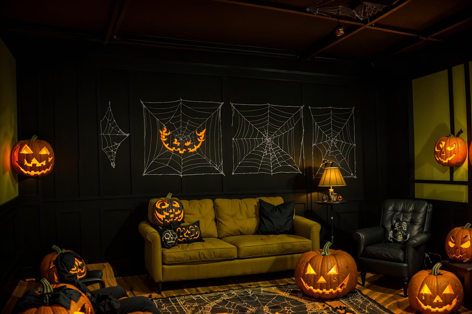 halloween-style (coworking space interior) with lounge chairs and office chairs and office desks and seating area with sofa and lounge chairs. . with glowing pumpkins and cobwebs and human skulls and lanterns and spiderwebs and cobwebs and skeletons sitting and standing and yellow black balloons. . cinematic photo, highly detailed, cinematic lighting, ultra-detailed, ultrarealistic, photorealism, 8k. halloween interior design style. masterpiece, cinematic light, ultrarealistic+, photorealistic+, 8k, raw photo, realistic, sharp focus on eyes, (symmetrical eyes), (intact eyes), hyperrealistic, highest quality, best quality, , highly detailed, masterpiece, best quality, extremely detailed 8k wallpaper, masterpiece, best quality, ultra-detailed, best shadow, detailed background, detailed face, detailed eyes, high contrast, best illumination, detailed face, dulux, caustic, dynamic angle, detailed glow. dramatic lighting. highly detailed, insanely detailed hair, symmetrical, intricate details, professionally retouched, 8k high definition. strong bokeh. award winning photo.
