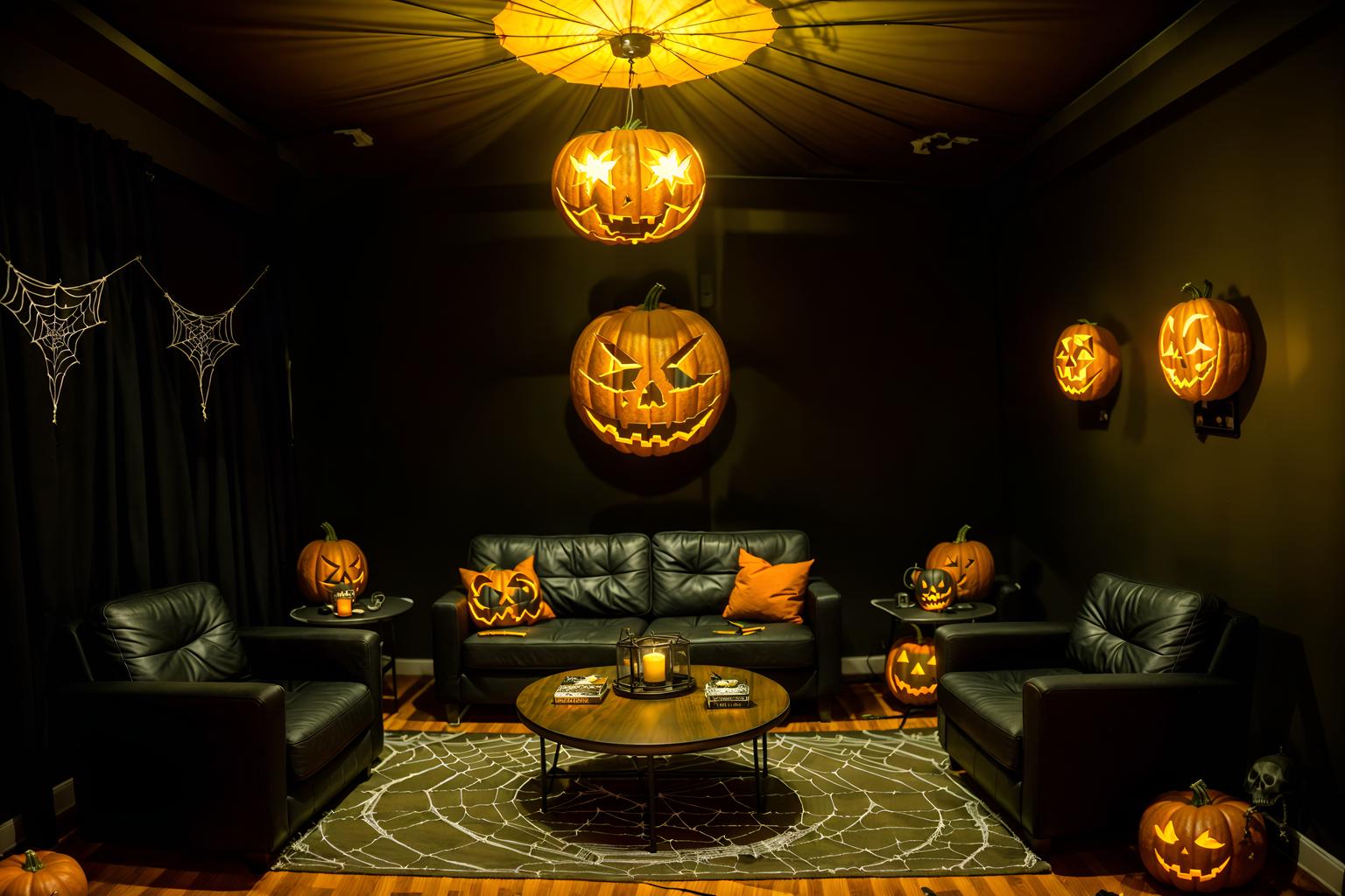 halloween-style (coworking space interior) with lounge chairs and office chairs and office desks and seating area with sofa and lounge chairs. . with glowing pumpkins and cobwebs and human skulls and lanterns and spiderwebs and cobwebs and skeletons sitting and standing and yellow black balloons. . cinematic photo, highly detailed, cinematic lighting, ultra-detailed, ultrarealistic, photorealism, 8k. halloween interior design style. masterpiece, cinematic light, ultrarealistic+, photorealistic+, 8k, raw photo, realistic, sharp focus on eyes, (symmetrical eyes), (intact eyes), hyperrealistic, highest quality, best quality, , highly detailed, masterpiece, best quality, extremely detailed 8k wallpaper, masterpiece, best quality, ultra-detailed, best shadow, detailed background, detailed face, detailed eyes, high contrast, best illumination, detailed face, dulux, caustic, dynamic angle, detailed glow. dramatic lighting. highly detailed, insanely detailed hair, symmetrical, intricate details, professionally retouched, 8k high definition. strong bokeh. award winning photo.