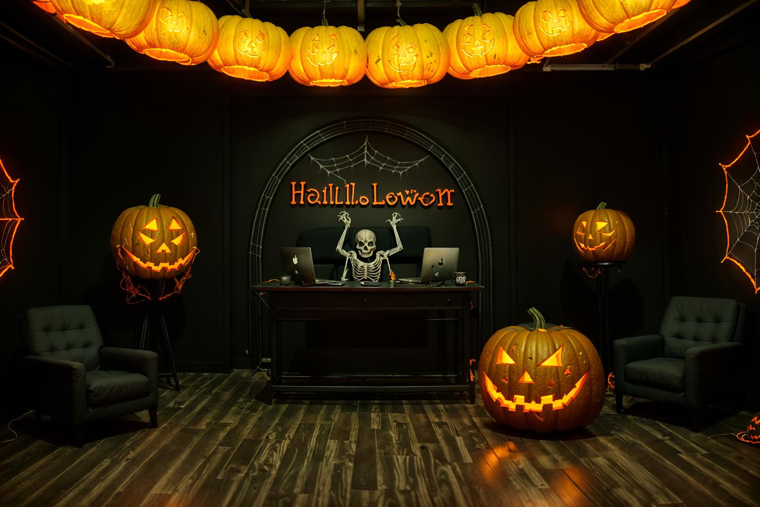 halloween-style (coworking space interior) with lounge chairs and office chairs and office desks and seating area with sofa and lounge chairs. . with glowing pumpkins and cobwebs and human skulls and lanterns and spiderwebs and cobwebs and skeletons sitting and standing and yellow black balloons. . cinematic photo, highly detailed, cinematic lighting, ultra-detailed, ultrarealistic, photorealism, 8k. halloween interior design style. masterpiece, cinematic light, ultrarealistic+, photorealistic+, 8k, raw photo, realistic, sharp focus on eyes, (symmetrical eyes), (intact eyes), hyperrealistic, highest quality, best quality, , highly detailed, masterpiece, best quality, extremely detailed 8k wallpaper, masterpiece, best quality, ultra-detailed, best shadow, detailed background, detailed face, detailed eyes, high contrast, best illumination, detailed face, dulux, caustic, dynamic angle, detailed glow. dramatic lighting. highly detailed, insanely detailed hair, symmetrical, intricate details, professionally retouched, 8k high definition. strong bokeh. award winning photo.