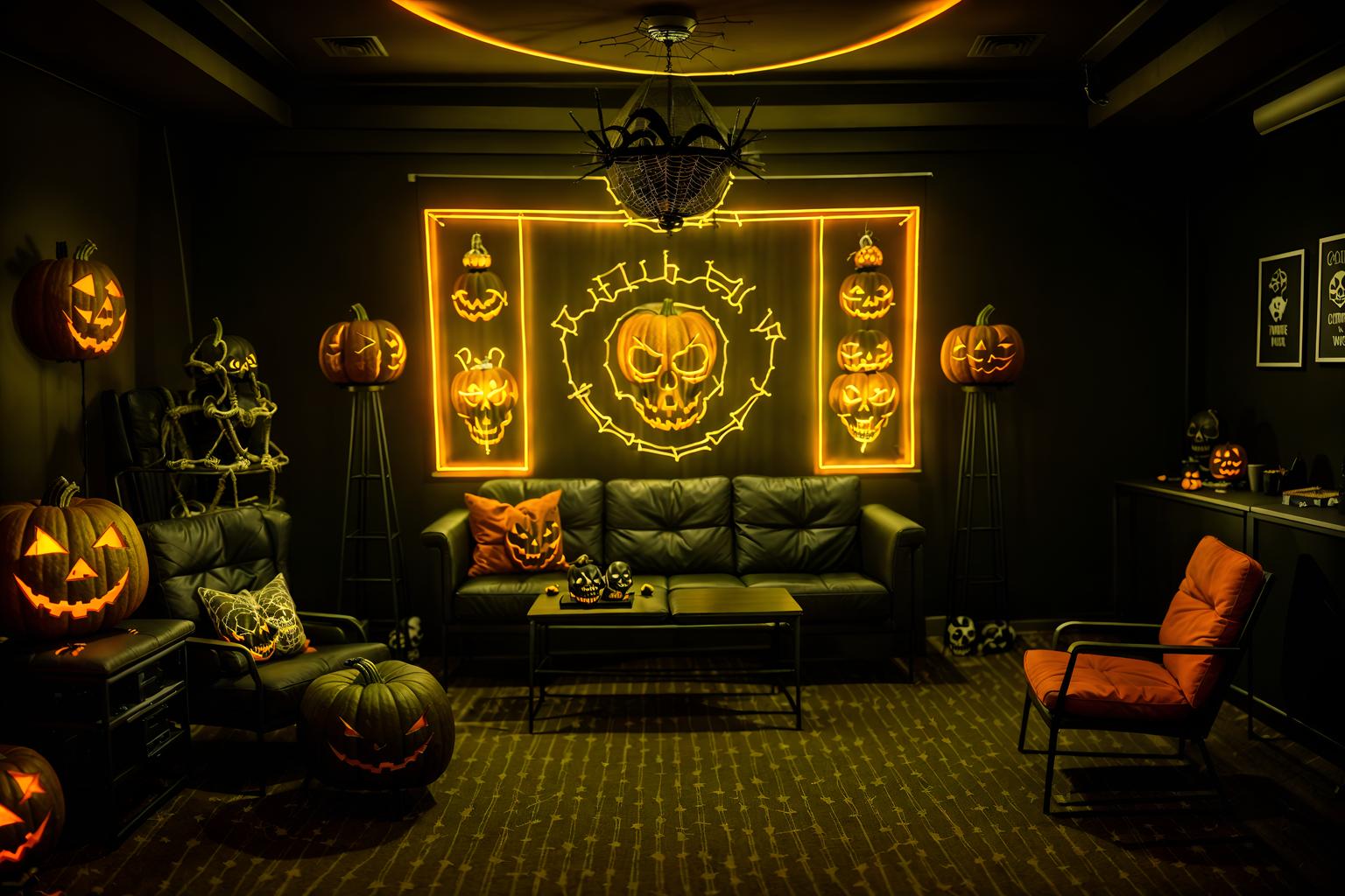 halloween-style (coworking space interior) with lounge chairs and office chairs and office desks and seating area with sofa and lounge chairs. . with glowing pumpkins and cobwebs and human skulls and lanterns and spiderwebs and cobwebs and skeletons sitting and standing and yellow black balloons. . cinematic photo, highly detailed, cinematic lighting, ultra-detailed, ultrarealistic, photorealism, 8k. halloween interior design style. masterpiece, cinematic light, ultrarealistic+, photorealistic+, 8k, raw photo, realistic, sharp focus on eyes, (symmetrical eyes), (intact eyes), hyperrealistic, highest quality, best quality, , highly detailed, masterpiece, best quality, extremely detailed 8k wallpaper, masterpiece, best quality, ultra-detailed, best shadow, detailed background, detailed face, detailed eyes, high contrast, best illumination, detailed face, dulux, caustic, dynamic angle, detailed glow. dramatic lighting. highly detailed, insanely detailed hair, symmetrical, intricate details, professionally retouched, 8k high definition. strong bokeh. award winning photo.