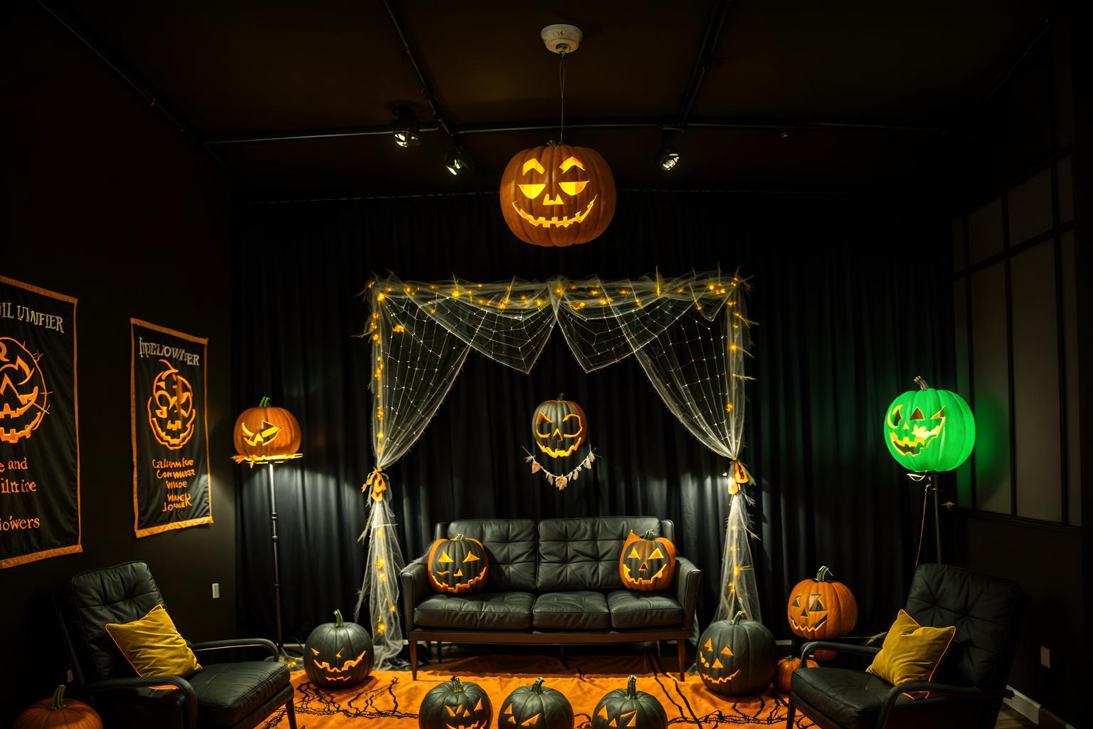 halloween-style (coworking space interior) with lounge chairs and office chairs and office desks and seating area with sofa and lounge chairs. . with glowing pumpkins and cobwebs and human skulls and lanterns and spiderwebs and cobwebs and skeletons sitting and standing and yellow black balloons. . cinematic photo, highly detailed, cinematic lighting, ultra-detailed, ultrarealistic, photorealism, 8k. halloween interior design style. masterpiece, cinematic light, ultrarealistic+, photorealistic+, 8k, raw photo, realistic, sharp focus on eyes, (symmetrical eyes), (intact eyes), hyperrealistic, highest quality, best quality, , highly detailed, masterpiece, best quality, extremely detailed 8k wallpaper, masterpiece, best quality, ultra-detailed, best shadow, detailed background, detailed face, detailed eyes, high contrast, best illumination, detailed face, dulux, caustic, dynamic angle, detailed glow. dramatic lighting. highly detailed, insanely detailed hair, symmetrical, intricate details, professionally retouched, 8k high definition. strong bokeh. award winning photo.