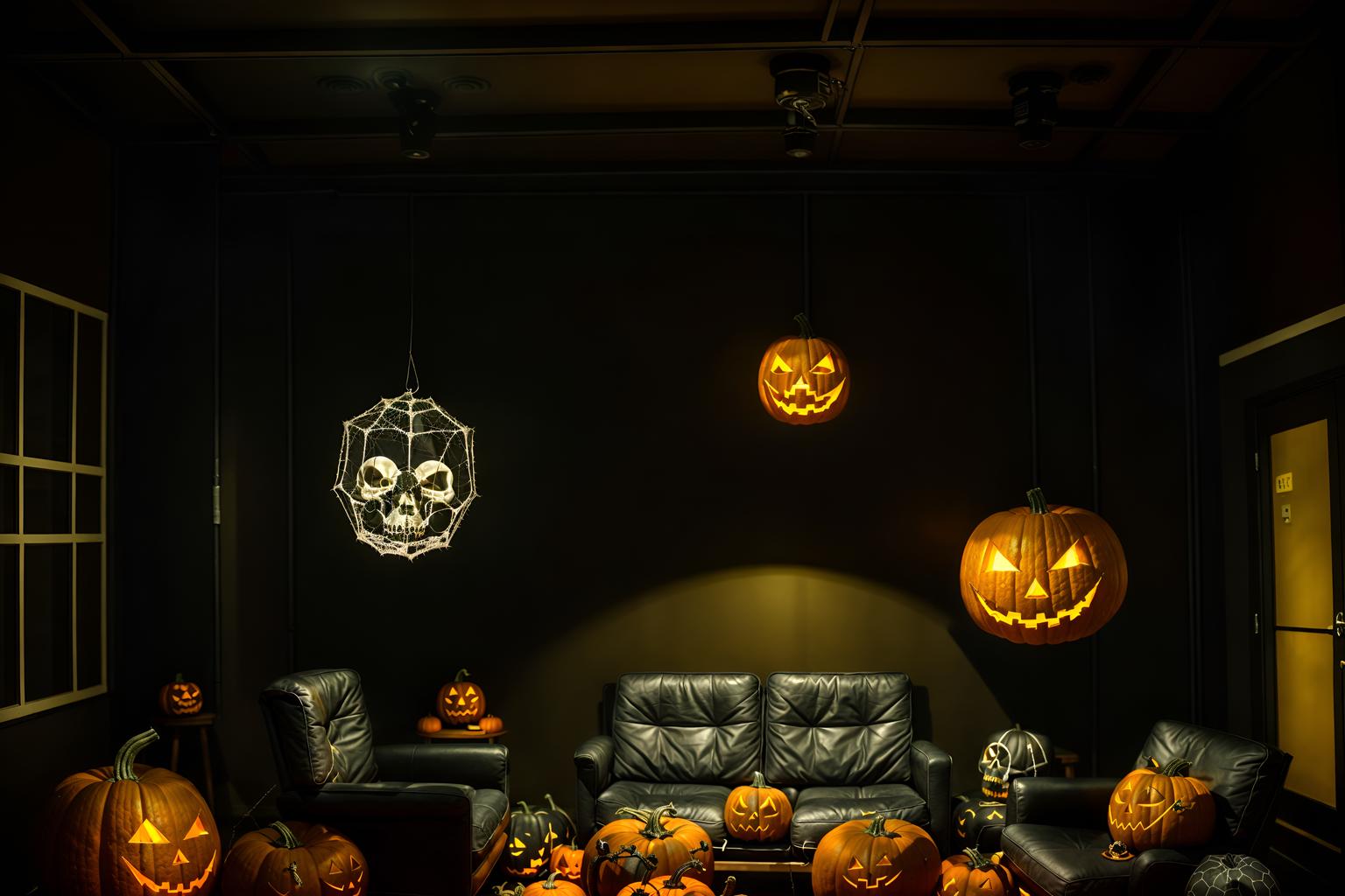 halloween-style (coworking space interior) with lounge chairs and office chairs and office desks and seating area with sofa and lounge chairs. . with glowing pumpkins and cobwebs and human skulls and lanterns and spiderwebs and cobwebs and skeletons sitting and standing and yellow black balloons. . cinematic photo, highly detailed, cinematic lighting, ultra-detailed, ultrarealistic, photorealism, 8k. halloween interior design style. masterpiece, cinematic light, ultrarealistic+, photorealistic+, 8k, raw photo, realistic, sharp focus on eyes, (symmetrical eyes), (intact eyes), hyperrealistic, highest quality, best quality, , highly detailed, masterpiece, best quality, extremely detailed 8k wallpaper, masterpiece, best quality, ultra-detailed, best shadow, detailed background, detailed face, detailed eyes, high contrast, best illumination, detailed face, dulux, caustic, dynamic angle, detailed glow. dramatic lighting. highly detailed, insanely detailed hair, symmetrical, intricate details, professionally retouched, 8k high definition. strong bokeh. award winning photo.