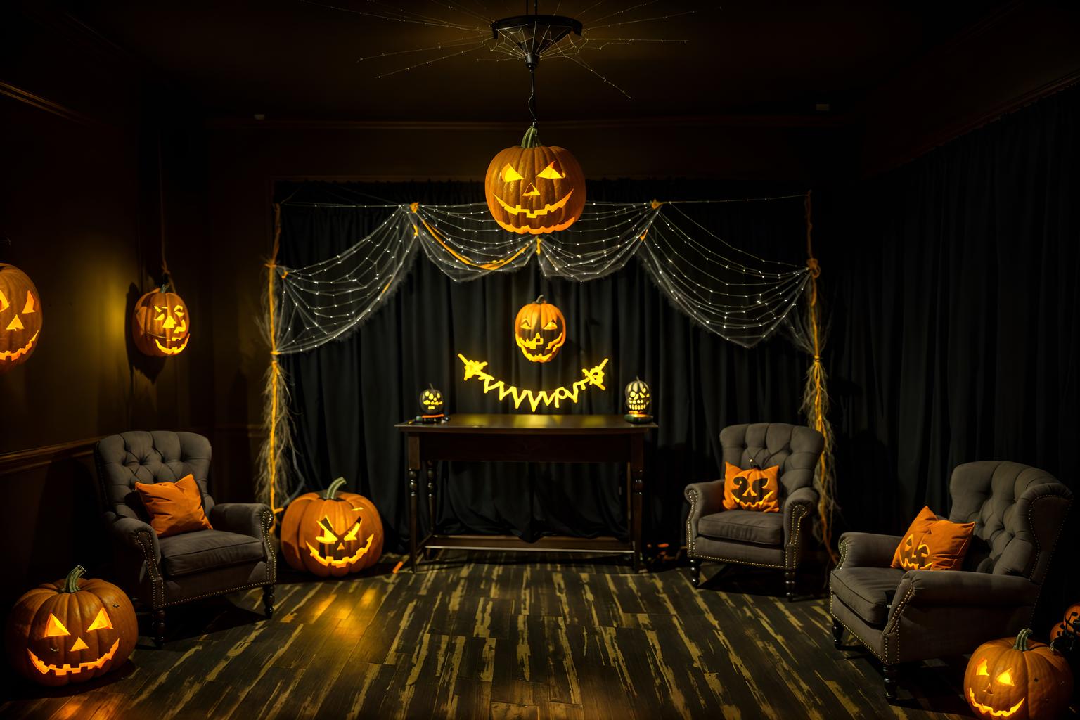 halloween-style (coworking space interior) with lounge chairs and office chairs and office desks and seating area with sofa and lounge chairs. . with glowing pumpkins and cobwebs and human skulls and lanterns and spiderwebs and cobwebs and skeletons sitting and standing and yellow black balloons. . cinematic photo, highly detailed, cinematic lighting, ultra-detailed, ultrarealistic, photorealism, 8k. halloween interior design style. masterpiece, cinematic light, ultrarealistic+, photorealistic+, 8k, raw photo, realistic, sharp focus on eyes, (symmetrical eyes), (intact eyes), hyperrealistic, highest quality, best quality, , highly detailed, masterpiece, best quality, extremely detailed 8k wallpaper, masterpiece, best quality, ultra-detailed, best shadow, detailed background, detailed face, detailed eyes, high contrast, best illumination, detailed face, dulux, caustic, dynamic angle, detailed glow. dramatic lighting. highly detailed, insanely detailed hair, symmetrical, intricate details, professionally retouched, 8k high definition. strong bokeh. award winning photo.