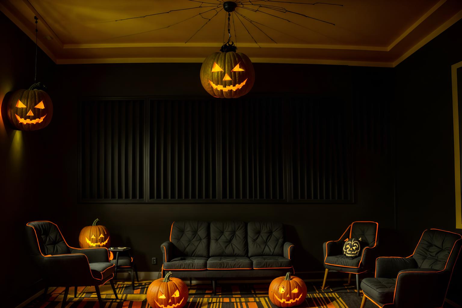 halloween-style (coworking space interior) with lounge chairs and office chairs and office desks and seating area with sofa and lounge chairs. . with glowing pumpkins and cobwebs and human skulls and lanterns and spiderwebs and cobwebs and skeletons sitting and standing and yellow black balloons. . cinematic photo, highly detailed, cinematic lighting, ultra-detailed, ultrarealistic, photorealism, 8k. halloween interior design style. masterpiece, cinematic light, ultrarealistic+, photorealistic+, 8k, raw photo, realistic, sharp focus on eyes, (symmetrical eyes), (intact eyes), hyperrealistic, highest quality, best quality, , highly detailed, masterpiece, best quality, extremely detailed 8k wallpaper, masterpiece, best quality, ultra-detailed, best shadow, detailed background, detailed face, detailed eyes, high contrast, best illumination, detailed face, dulux, caustic, dynamic angle, detailed glow. dramatic lighting. highly detailed, insanely detailed hair, symmetrical, intricate details, professionally retouched, 8k high definition. strong bokeh. award winning photo.