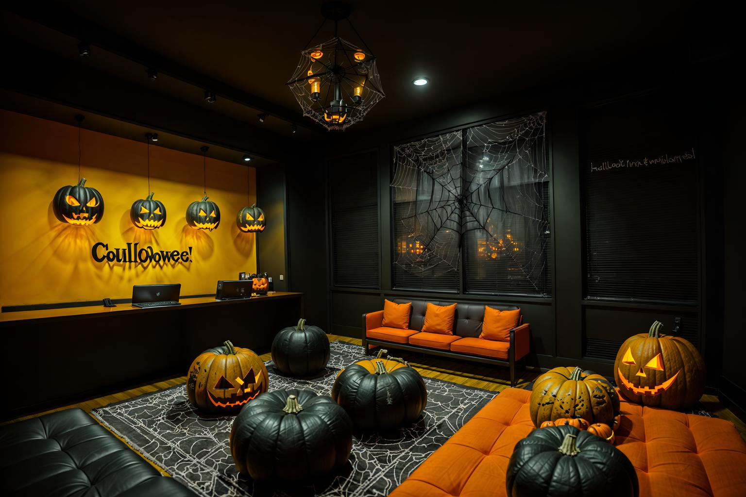 halloween-style (coworking space interior) with lounge chairs and office chairs and office desks and seating area with sofa and lounge chairs. . with glowing pumpkins and cobwebs and human skulls and lanterns and spiderwebs and cobwebs and skeletons sitting and standing and yellow black balloons. . cinematic photo, highly detailed, cinematic lighting, ultra-detailed, ultrarealistic, photorealism, 8k. halloween interior design style. masterpiece, cinematic light, ultrarealistic+, photorealistic+, 8k, raw photo, realistic, sharp focus on eyes, (symmetrical eyes), (intact eyes), hyperrealistic, highest quality, best quality, , highly detailed, masterpiece, best quality, extremely detailed 8k wallpaper, masterpiece, best quality, ultra-detailed, best shadow, detailed background, detailed face, detailed eyes, high contrast, best illumination, detailed face, dulux, caustic, dynamic angle, detailed glow. dramatic lighting. highly detailed, insanely detailed hair, symmetrical, intricate details, professionally retouched, 8k high definition. strong bokeh. award winning photo.