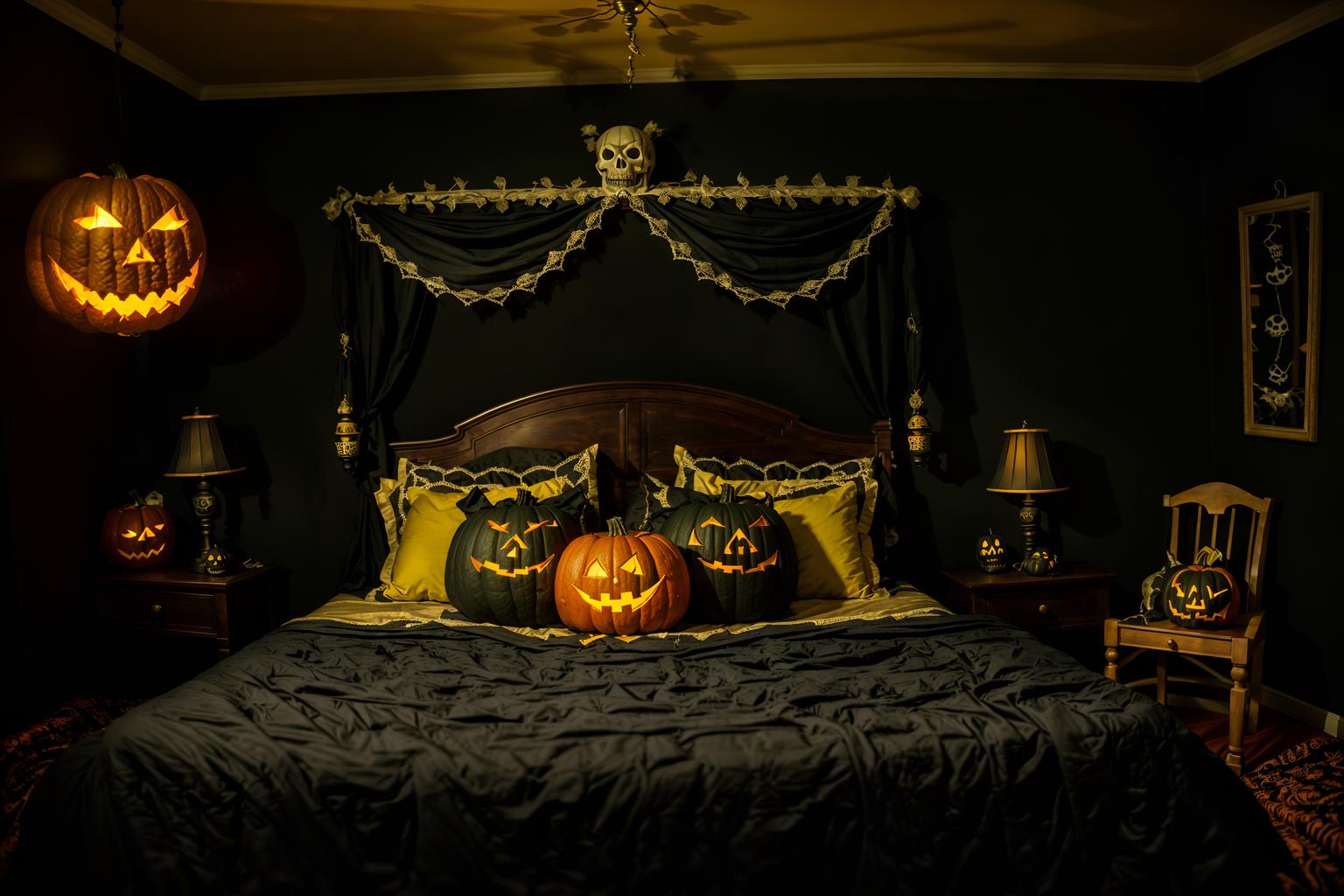 halloween-style (bedroom interior) with night light and headboard and dresser closet and mirror and plant and bedside table or night stand and bed and storage bench or ottoman. . with lanterns and skeletons sitting and standing and human skulls and glowing pumpkins and yellow black balloons and spiderwebs and cobwebs and lanterns. . cinematic photo, highly detailed, cinematic lighting, ultra-detailed, ultrarealistic, photorealism, 8k. halloween interior design style. masterpiece, cinematic light, ultrarealistic+, photorealistic+, 8k, raw photo, realistic, sharp focus on eyes, (symmetrical eyes), (intact eyes), hyperrealistic, highest quality, best quality, , highly detailed, masterpiece, best quality, extremely detailed 8k wallpaper, masterpiece, best quality, ultra-detailed, best shadow, detailed background, detailed face, detailed eyes, high contrast, best illumination, detailed face, dulux, caustic, dynamic angle, detailed glow. dramatic lighting. highly detailed, insanely detailed hair, symmetrical, intricate details, professionally retouched, 8k high definition. strong bokeh. award winning photo.