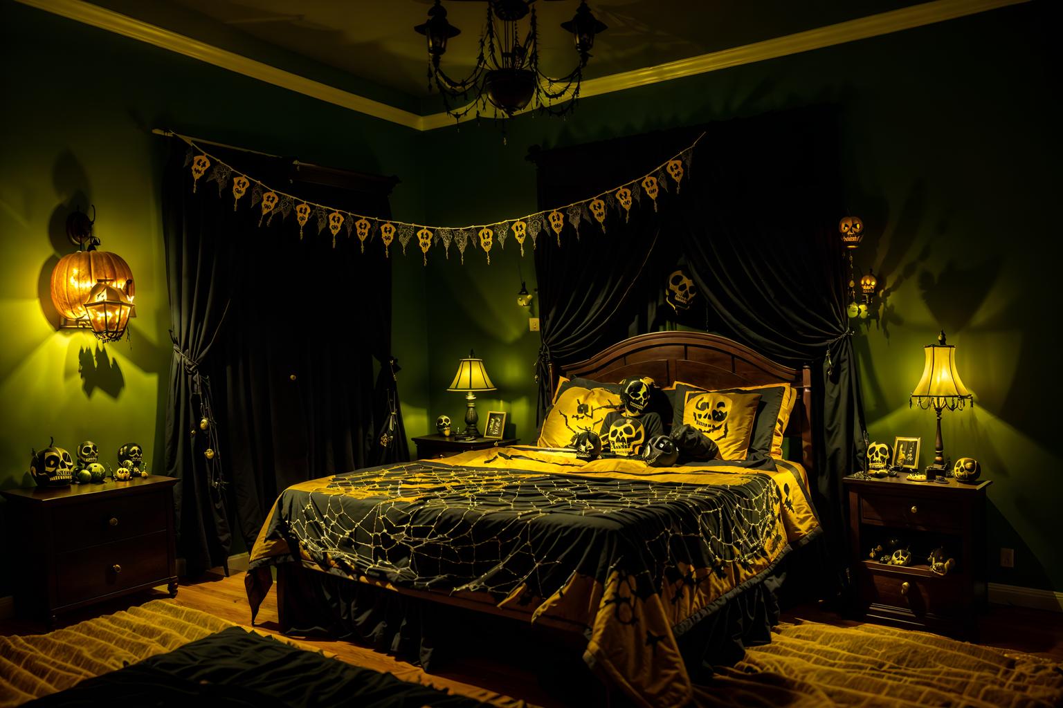 halloween-style (bedroom interior) with night light and headboard and dresser closet and mirror and plant and bedside table or night stand and bed and storage bench or ottoman. . with lanterns and skeletons sitting and standing and human skulls and glowing pumpkins and yellow black balloons and spiderwebs and cobwebs and lanterns. . cinematic photo, highly detailed, cinematic lighting, ultra-detailed, ultrarealistic, photorealism, 8k. halloween interior design style. masterpiece, cinematic light, ultrarealistic+, photorealistic+, 8k, raw photo, realistic, sharp focus on eyes, (symmetrical eyes), (intact eyes), hyperrealistic, highest quality, best quality, , highly detailed, masterpiece, best quality, extremely detailed 8k wallpaper, masterpiece, best quality, ultra-detailed, best shadow, detailed background, detailed face, detailed eyes, high contrast, best illumination, detailed face, dulux, caustic, dynamic angle, detailed glow. dramatic lighting. highly detailed, insanely detailed hair, symmetrical, intricate details, professionally retouched, 8k high definition. strong bokeh. award winning photo.