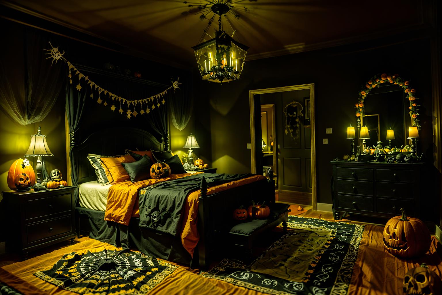 halloween-style (bedroom interior) with night light and headboard and dresser closet and mirror and plant and bedside table or night stand and bed and storage bench or ottoman. . with lanterns and skeletons sitting and standing and human skulls and glowing pumpkins and yellow black balloons and spiderwebs and cobwebs and lanterns. . cinematic photo, highly detailed, cinematic lighting, ultra-detailed, ultrarealistic, photorealism, 8k. halloween interior design style. masterpiece, cinematic light, ultrarealistic+, photorealistic+, 8k, raw photo, realistic, sharp focus on eyes, (symmetrical eyes), (intact eyes), hyperrealistic, highest quality, best quality, , highly detailed, masterpiece, best quality, extremely detailed 8k wallpaper, masterpiece, best quality, ultra-detailed, best shadow, detailed background, detailed face, detailed eyes, high contrast, best illumination, detailed face, dulux, caustic, dynamic angle, detailed glow. dramatic lighting. highly detailed, insanely detailed hair, symmetrical, intricate details, professionally retouched, 8k high definition. strong bokeh. award winning photo.