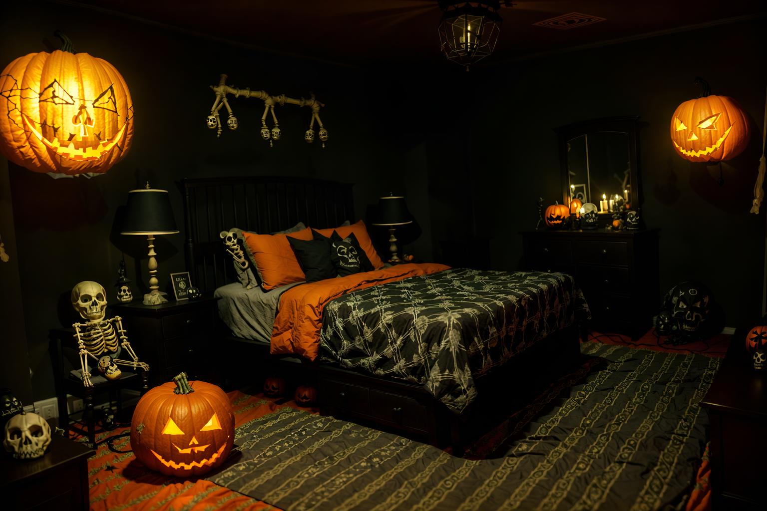 halloween-style (bedroom interior) with night light and headboard and dresser closet and mirror and plant and bedside table or night stand and bed and storage bench or ottoman. . with lanterns and skeletons sitting and standing and human skulls and glowing pumpkins and yellow black balloons and spiderwebs and cobwebs and lanterns. . cinematic photo, highly detailed, cinematic lighting, ultra-detailed, ultrarealistic, photorealism, 8k. halloween interior design style. masterpiece, cinematic light, ultrarealistic+, photorealistic+, 8k, raw photo, realistic, sharp focus on eyes, (symmetrical eyes), (intact eyes), hyperrealistic, highest quality, best quality, , highly detailed, masterpiece, best quality, extremely detailed 8k wallpaper, masterpiece, best quality, ultra-detailed, best shadow, detailed background, detailed face, detailed eyes, high contrast, best illumination, detailed face, dulux, caustic, dynamic angle, detailed glow. dramatic lighting. highly detailed, insanely detailed hair, symmetrical, intricate details, professionally retouched, 8k high definition. strong bokeh. award winning photo.