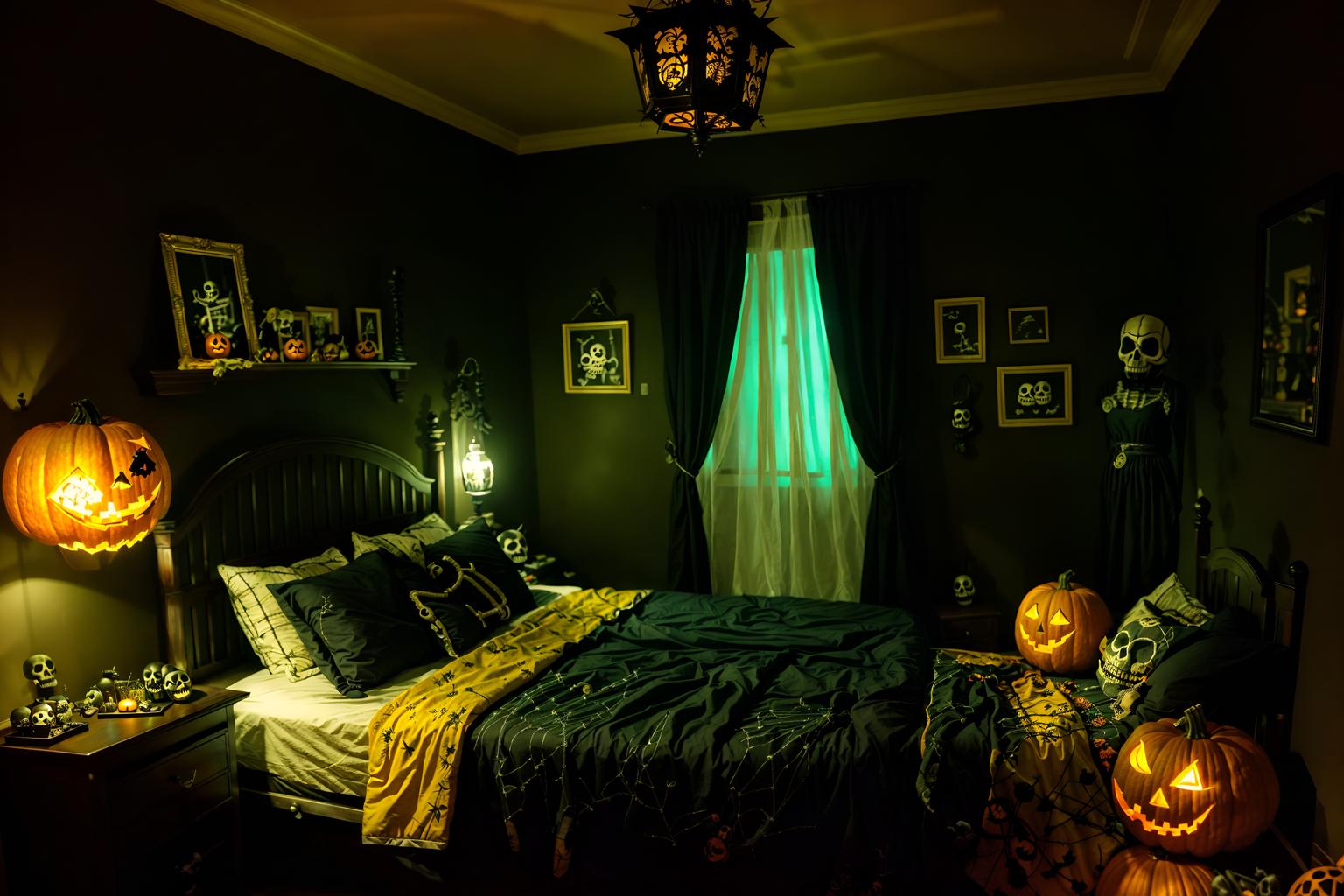 halloween-style (bedroom interior) with night light and headboard and dresser closet and mirror and plant and bedside table or night stand and bed and storage bench or ottoman. . with lanterns and skeletons sitting and standing and human skulls and glowing pumpkins and yellow black balloons and spiderwebs and cobwebs and lanterns. . cinematic photo, highly detailed, cinematic lighting, ultra-detailed, ultrarealistic, photorealism, 8k. halloween interior design style. masterpiece, cinematic light, ultrarealistic+, photorealistic+, 8k, raw photo, realistic, sharp focus on eyes, (symmetrical eyes), (intact eyes), hyperrealistic, highest quality, best quality, , highly detailed, masterpiece, best quality, extremely detailed 8k wallpaper, masterpiece, best quality, ultra-detailed, best shadow, detailed background, detailed face, detailed eyes, high contrast, best illumination, detailed face, dulux, caustic, dynamic angle, detailed glow. dramatic lighting. highly detailed, insanely detailed hair, symmetrical, intricate details, professionally retouched, 8k high definition. strong bokeh. award winning photo.