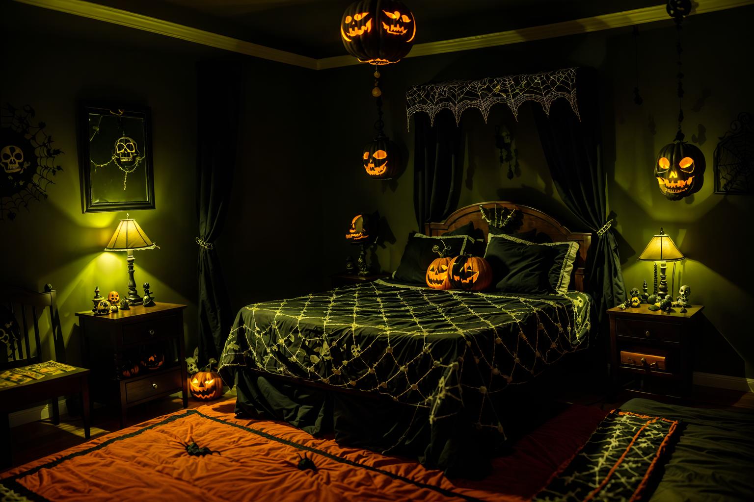 halloween-style (bedroom interior) with night light and headboard and dresser closet and mirror and plant and bedside table or night stand and bed and storage bench or ottoman. . with lanterns and skeletons sitting and standing and human skulls and glowing pumpkins and yellow black balloons and spiderwebs and cobwebs and lanterns. . cinematic photo, highly detailed, cinematic lighting, ultra-detailed, ultrarealistic, photorealism, 8k. halloween interior design style. masterpiece, cinematic light, ultrarealistic+, photorealistic+, 8k, raw photo, realistic, sharp focus on eyes, (symmetrical eyes), (intact eyes), hyperrealistic, highest quality, best quality, , highly detailed, masterpiece, best quality, extremely detailed 8k wallpaper, masterpiece, best quality, ultra-detailed, best shadow, detailed background, detailed face, detailed eyes, high contrast, best illumination, detailed face, dulux, caustic, dynamic angle, detailed glow. dramatic lighting. highly detailed, insanely detailed hair, symmetrical, intricate details, professionally retouched, 8k high definition. strong bokeh. award winning photo.