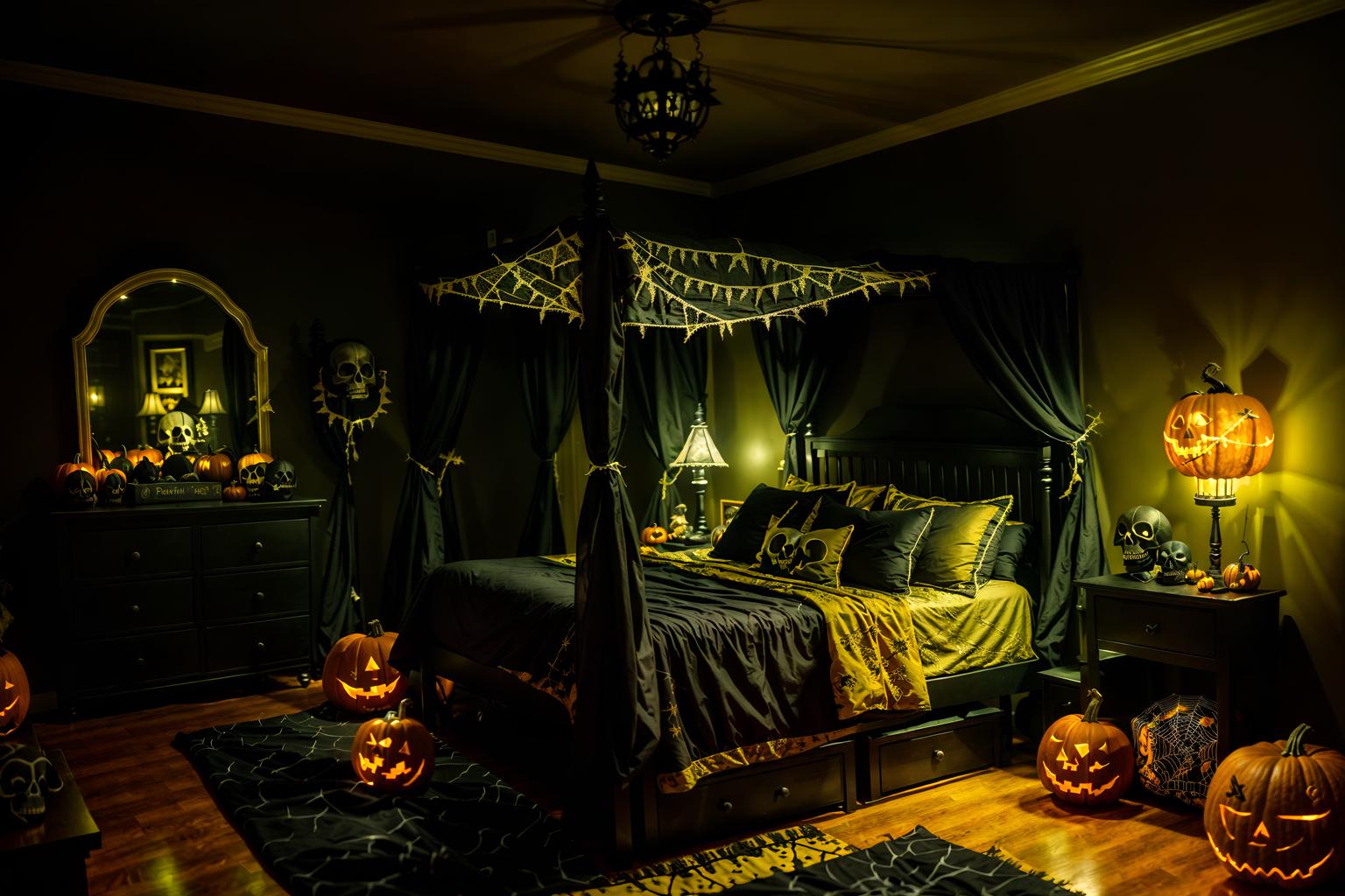 halloween-style (bedroom interior) with night light and headboard and dresser closet and mirror and plant and bedside table or night stand and bed and storage bench or ottoman. . with lanterns and skeletons sitting and standing and human skulls and glowing pumpkins and yellow black balloons and spiderwebs and cobwebs and lanterns. . cinematic photo, highly detailed, cinematic lighting, ultra-detailed, ultrarealistic, photorealism, 8k. halloween interior design style. masterpiece, cinematic light, ultrarealistic+, photorealistic+, 8k, raw photo, realistic, sharp focus on eyes, (symmetrical eyes), (intact eyes), hyperrealistic, highest quality, best quality, , highly detailed, masterpiece, best quality, extremely detailed 8k wallpaper, masterpiece, best quality, ultra-detailed, best shadow, detailed background, detailed face, detailed eyes, high contrast, best illumination, detailed face, dulux, caustic, dynamic angle, detailed glow. dramatic lighting. highly detailed, insanely detailed hair, symmetrical, intricate details, professionally retouched, 8k high definition. strong bokeh. award winning photo.