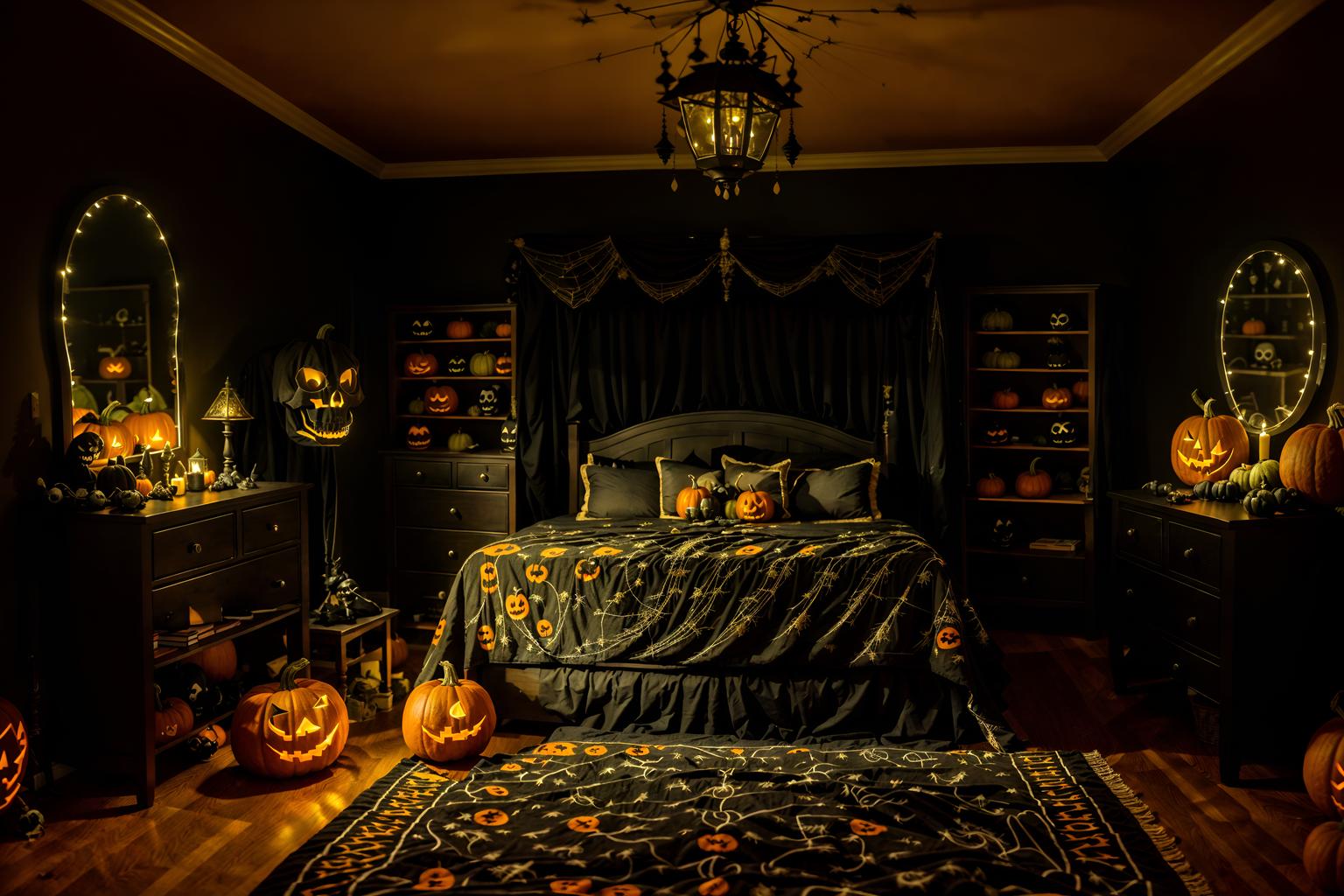 halloween-style (bedroom interior) with night light and headboard and dresser closet and mirror and plant and bedside table or night stand and bed and storage bench or ottoman. . with lanterns and skeletons sitting and standing and human skulls and glowing pumpkins and yellow black balloons and spiderwebs and cobwebs and lanterns. . cinematic photo, highly detailed, cinematic lighting, ultra-detailed, ultrarealistic, photorealism, 8k. halloween interior design style. masterpiece, cinematic light, ultrarealistic+, photorealistic+, 8k, raw photo, realistic, sharp focus on eyes, (symmetrical eyes), (intact eyes), hyperrealistic, highest quality, best quality, , highly detailed, masterpiece, best quality, extremely detailed 8k wallpaper, masterpiece, best quality, ultra-detailed, best shadow, detailed background, detailed face, detailed eyes, high contrast, best illumination, detailed face, dulux, caustic, dynamic angle, detailed glow. dramatic lighting. highly detailed, insanely detailed hair, symmetrical, intricate details, professionally retouched, 8k high definition. strong bokeh. award winning photo.