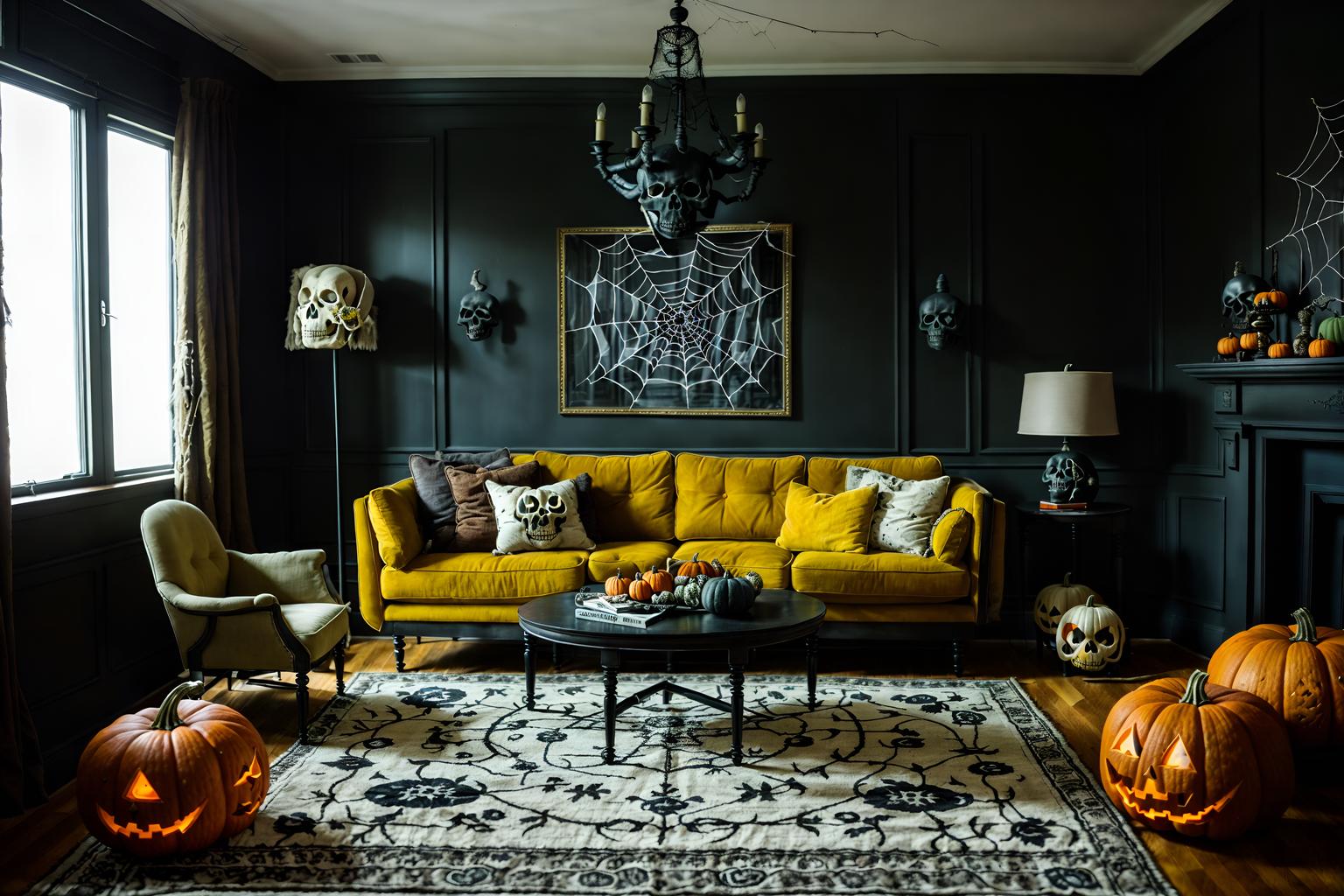 halloween-style (living room interior) with sofa and furniture and coffee tables and rug and chairs and plant and televisions and occasional tables. . with human skulls and cobwebs and spiderwebs and cobwebs and skeletons sitting and standing and glowing pumpkins and yellow black balloons and lanterns. . cinematic photo, highly detailed, cinematic lighting, ultra-detailed, ultrarealistic, photorealism, 8k. halloween interior design style. masterpiece, cinematic light, ultrarealistic+, photorealistic+, 8k, raw photo, realistic, sharp focus on eyes, (symmetrical eyes), (intact eyes), hyperrealistic, highest quality, best quality, , highly detailed, masterpiece, best quality, extremely detailed 8k wallpaper, masterpiece, best quality, ultra-detailed, best shadow, detailed background, detailed face, detailed eyes, high contrast, best illumination, detailed face, dulux, caustic, dynamic angle, detailed glow. dramatic lighting. highly detailed, insanely detailed hair, symmetrical, intricate details, professionally retouched, 8k high definition. strong bokeh. award winning photo.