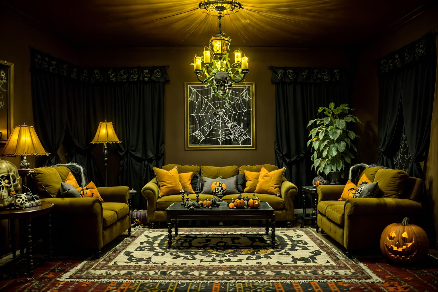 halloween-style (living room interior) with sofa and furniture and coffee tables and rug and chairs and plant and televisions and occasional tables. . with human skulls and cobwebs and spiderwebs and cobwebs and skeletons sitting and standing and glowing pumpkins and yellow black balloons and lanterns. . cinematic photo, highly detailed, cinematic lighting, ultra-detailed, ultrarealistic, photorealism, 8k. halloween interior design style. masterpiece, cinematic light, ultrarealistic+, photorealistic+, 8k, raw photo, realistic, sharp focus on eyes, (symmetrical eyes), (intact eyes), hyperrealistic, highest quality, best quality, , highly detailed, masterpiece, best quality, extremely detailed 8k wallpaper, masterpiece, best quality, ultra-detailed, best shadow, detailed background, detailed face, detailed eyes, high contrast, best illumination, detailed face, dulux, caustic, dynamic angle, detailed glow. dramatic lighting. highly detailed, insanely detailed hair, symmetrical, intricate details, professionally retouched, 8k high definition. strong bokeh. award winning photo.