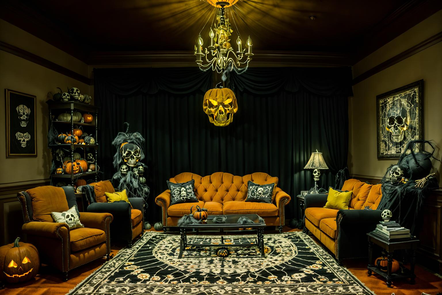 halloween-style (living room interior) with sofa and furniture and coffee tables and rug and chairs and plant and televisions and occasional tables. . with human skulls and cobwebs and spiderwebs and cobwebs and skeletons sitting and standing and glowing pumpkins and yellow black balloons and lanterns. . cinematic photo, highly detailed, cinematic lighting, ultra-detailed, ultrarealistic, photorealism, 8k. halloween interior design style. masterpiece, cinematic light, ultrarealistic+, photorealistic+, 8k, raw photo, realistic, sharp focus on eyes, (symmetrical eyes), (intact eyes), hyperrealistic, highest quality, best quality, , highly detailed, masterpiece, best quality, extremely detailed 8k wallpaper, masterpiece, best quality, ultra-detailed, best shadow, detailed background, detailed face, detailed eyes, high contrast, best illumination, detailed face, dulux, caustic, dynamic angle, detailed glow. dramatic lighting. highly detailed, insanely detailed hair, symmetrical, intricate details, professionally retouched, 8k high definition. strong bokeh. award winning photo.