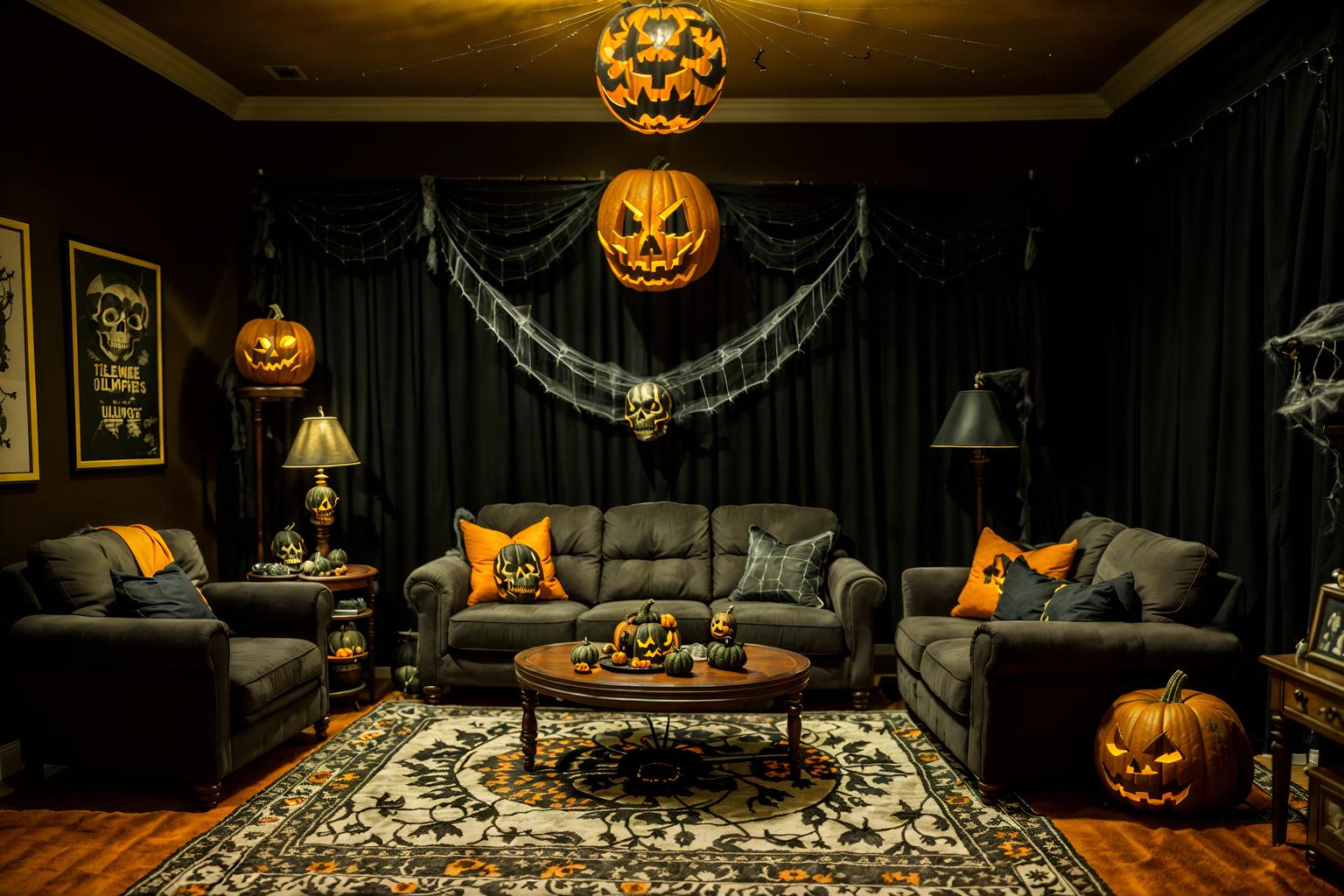 halloween-style (living room interior) with sofa and furniture and coffee tables and rug and chairs and plant and televisions and occasional tables. . with human skulls and cobwebs and spiderwebs and cobwebs and skeletons sitting and standing and glowing pumpkins and yellow black balloons and lanterns. . cinematic photo, highly detailed, cinematic lighting, ultra-detailed, ultrarealistic, photorealism, 8k. halloween interior design style. masterpiece, cinematic light, ultrarealistic+, photorealistic+, 8k, raw photo, realistic, sharp focus on eyes, (symmetrical eyes), (intact eyes), hyperrealistic, highest quality, best quality, , highly detailed, masterpiece, best quality, extremely detailed 8k wallpaper, masterpiece, best quality, ultra-detailed, best shadow, detailed background, detailed face, detailed eyes, high contrast, best illumination, detailed face, dulux, caustic, dynamic angle, detailed glow. dramatic lighting. highly detailed, insanely detailed hair, symmetrical, intricate details, professionally retouched, 8k high definition. strong bokeh. award winning photo.