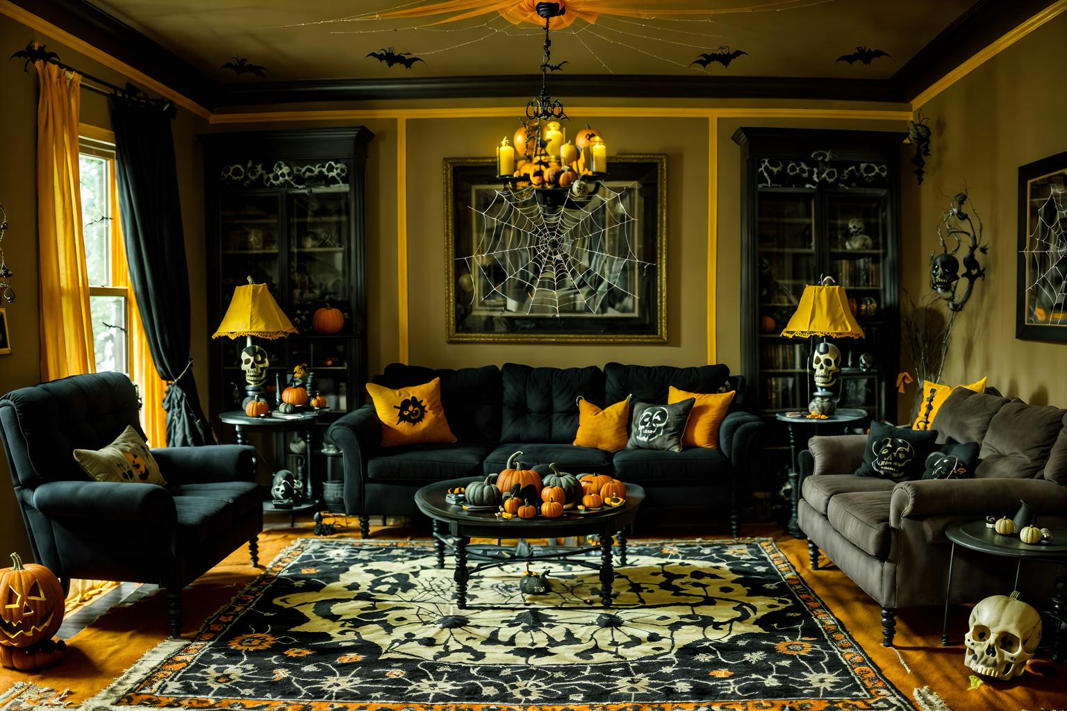 halloween-style (living room interior) with sofa and furniture and coffee tables and rug and chairs and plant and televisions and occasional tables. . with human skulls and cobwebs and spiderwebs and cobwebs and skeletons sitting and standing and glowing pumpkins and yellow black balloons and lanterns. . cinematic photo, highly detailed, cinematic lighting, ultra-detailed, ultrarealistic, photorealism, 8k. halloween interior design style. masterpiece, cinematic light, ultrarealistic+, photorealistic+, 8k, raw photo, realistic, sharp focus on eyes, (symmetrical eyes), (intact eyes), hyperrealistic, highest quality, best quality, , highly detailed, masterpiece, best quality, extremely detailed 8k wallpaper, masterpiece, best quality, ultra-detailed, best shadow, detailed background, detailed face, detailed eyes, high contrast, best illumination, detailed face, dulux, caustic, dynamic angle, detailed glow. dramatic lighting. highly detailed, insanely detailed hair, symmetrical, intricate details, professionally retouched, 8k high definition. strong bokeh. award winning photo.