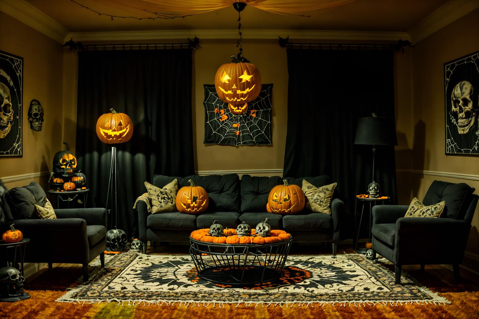 halloween-style (living room interior) with sofa and furniture and coffee tables and rug and chairs and plant and televisions and occasional tables. . with human skulls and cobwebs and spiderwebs and cobwebs and skeletons sitting and standing and glowing pumpkins and yellow black balloons and lanterns. . cinematic photo, highly detailed, cinematic lighting, ultra-detailed, ultrarealistic, photorealism, 8k. halloween interior design style. masterpiece, cinematic light, ultrarealistic+, photorealistic+, 8k, raw photo, realistic, sharp focus on eyes, (symmetrical eyes), (intact eyes), hyperrealistic, highest quality, best quality, , highly detailed, masterpiece, best quality, extremely detailed 8k wallpaper, masterpiece, best quality, ultra-detailed, best shadow, detailed background, detailed face, detailed eyes, high contrast, best illumination, detailed face, dulux, caustic, dynamic angle, detailed glow. dramatic lighting. highly detailed, insanely detailed hair, symmetrical, intricate details, professionally retouched, 8k high definition. strong bokeh. award winning photo.